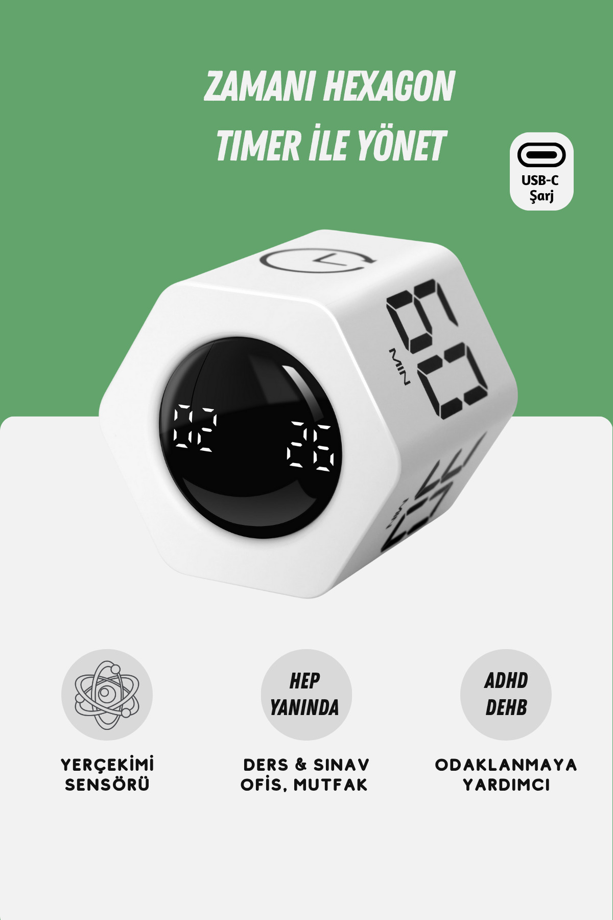 GWORKE GT-2 Hexagon Zamanlayıcı, Flip Timer, Öğrenci Ders Çalışma Saati, Sınav Kronometresi, Mutfak