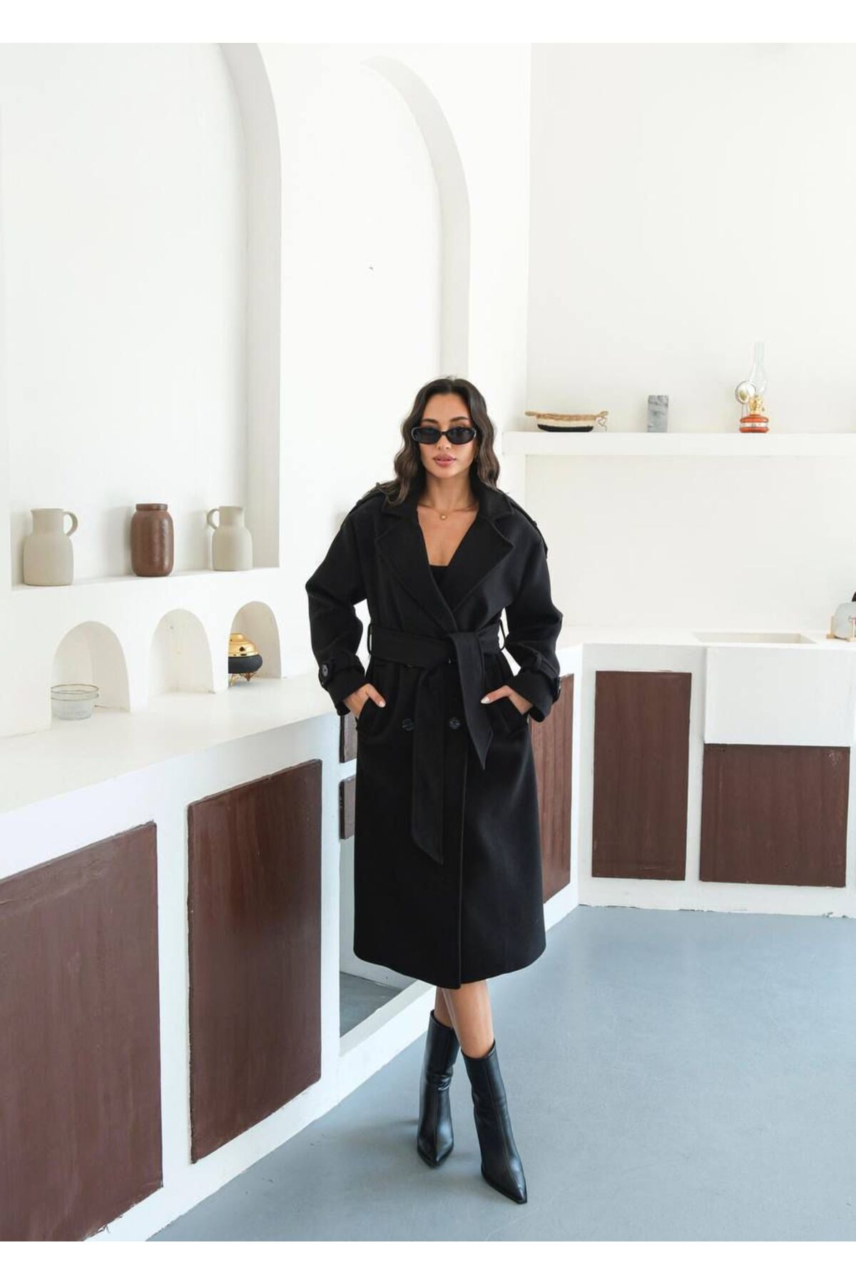 Store  Premium İthal Modern Siyah Kaşe Kaban - Görsel 6