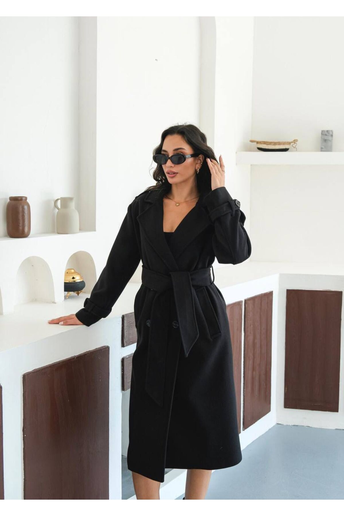 Store  Premium İthal Modern Siyah Kaşe Kaban - Görsel 7