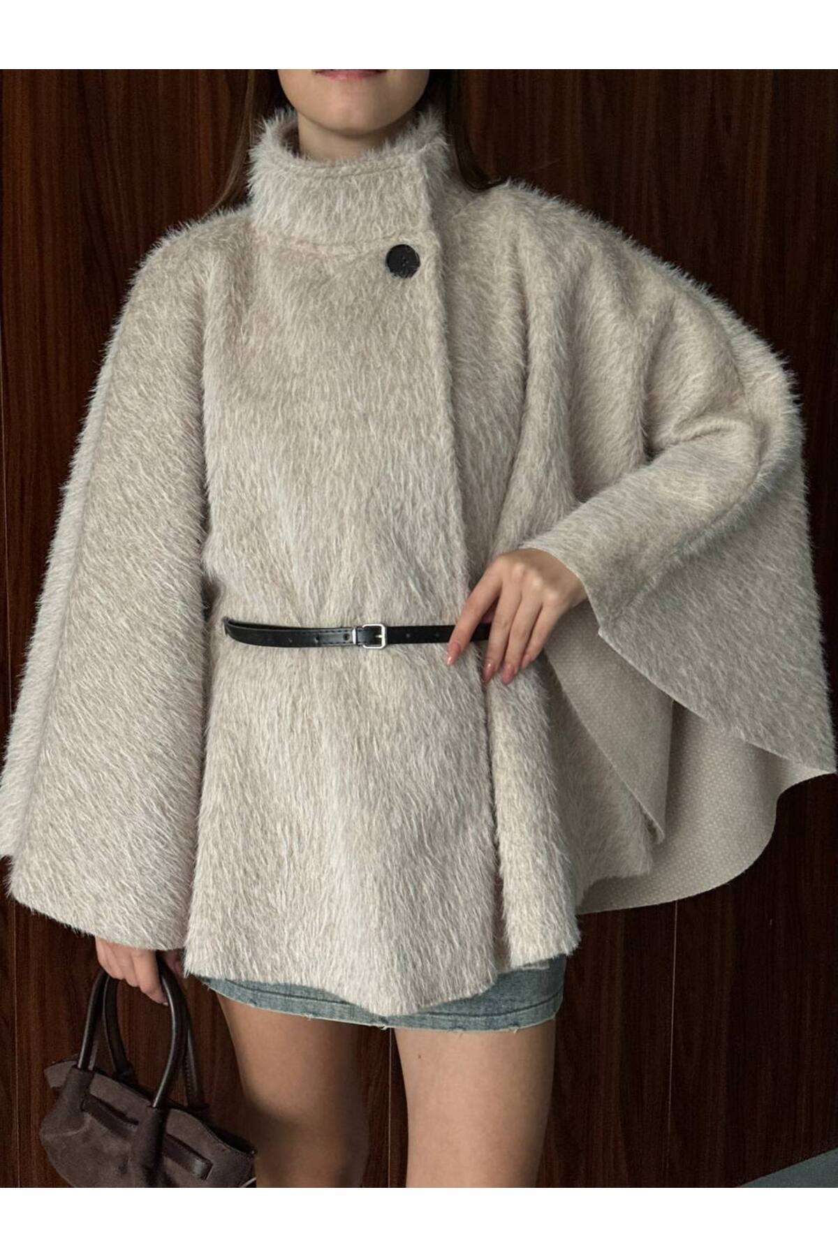 VESS MODA Kadın Kılçıllı Kaşe Kumaş Kemerli Hakim Yaka Panço