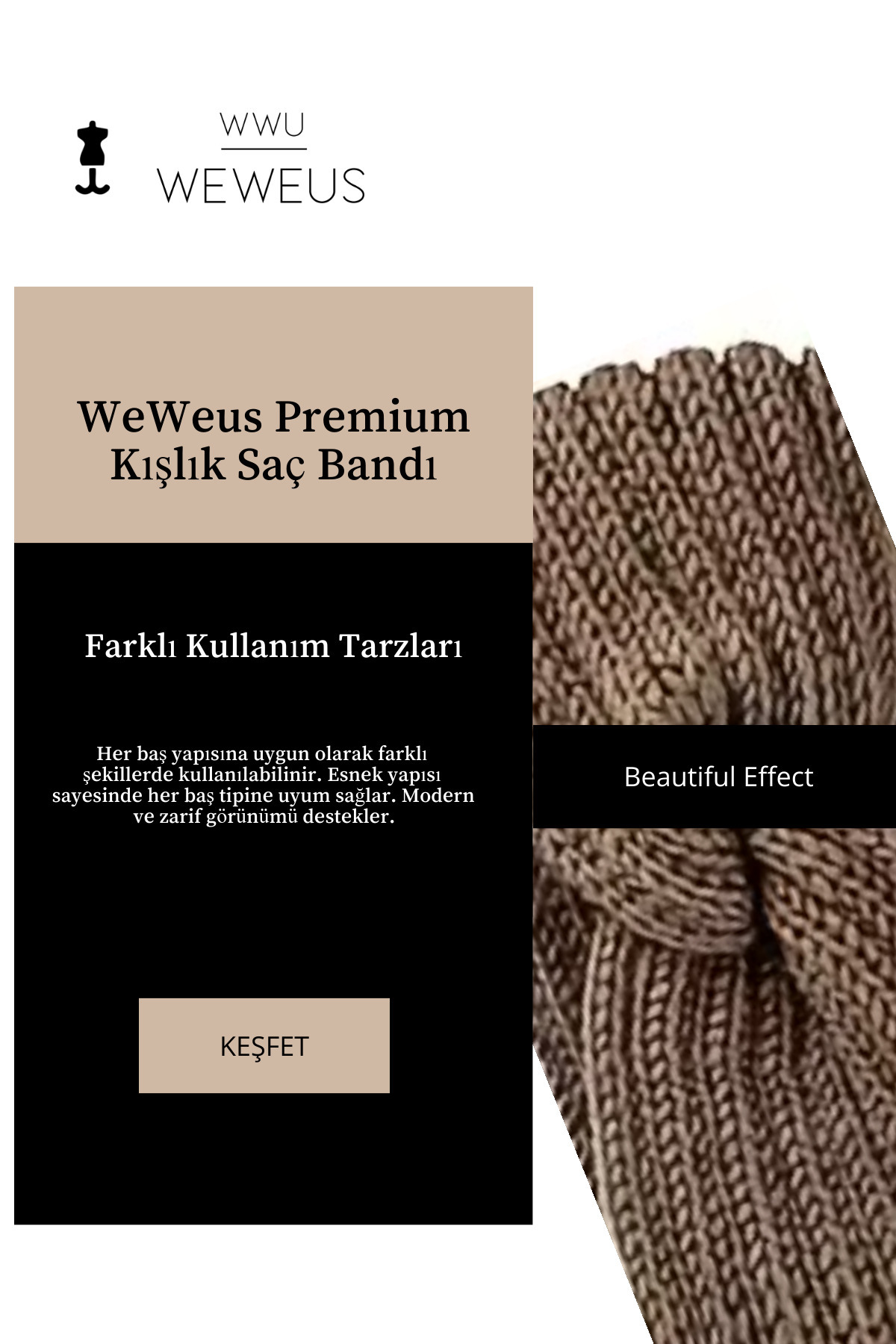 Weweus Kahverengi Örme Kışlık Premium Kadın Saç Bandı