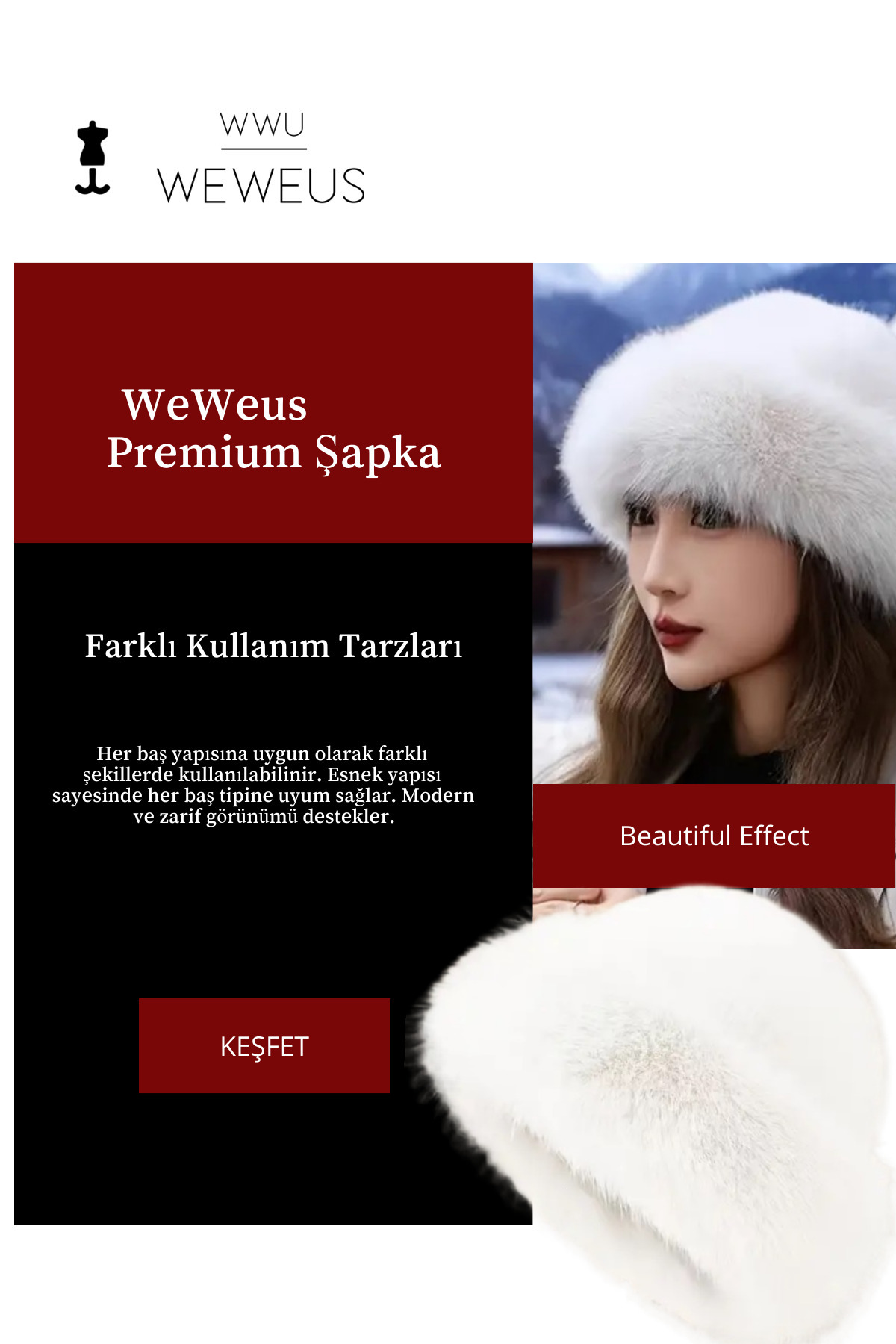 Weweus Beyaz Tüylü Kürk Görünümlü Kışlık Premium Kadın Şapka görsel 2