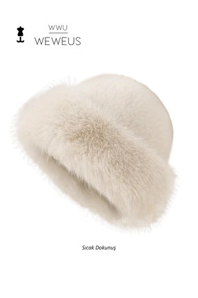 Weweus Krem Bej Tüylü Kürk Görünümlü Kışlık Premium Lüks Kadın Şapka