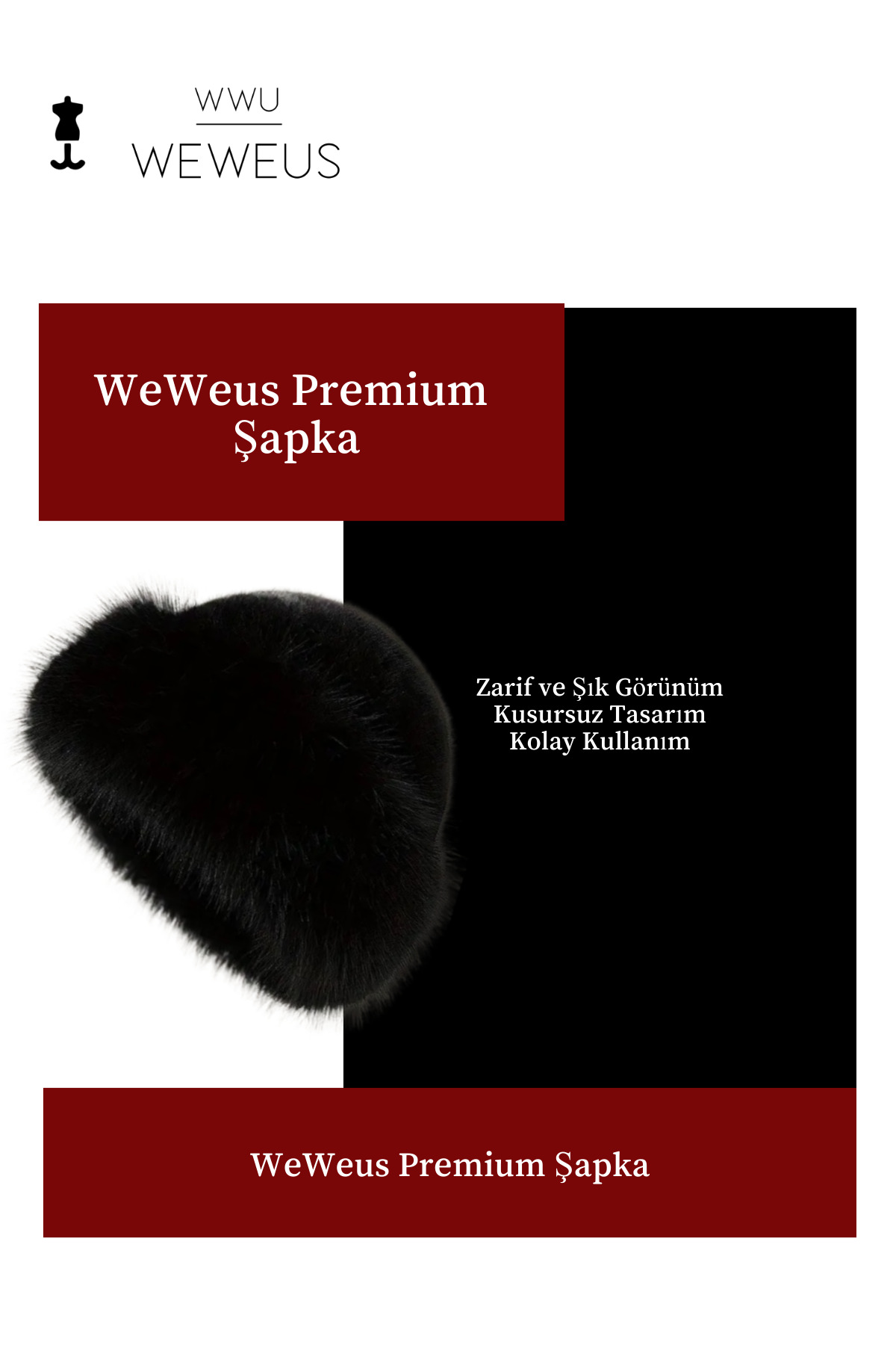 Weweus Lüks Siyah Tüylü Kürk Görünümlü Kışlık Premium Kadın Şapka görsel 4