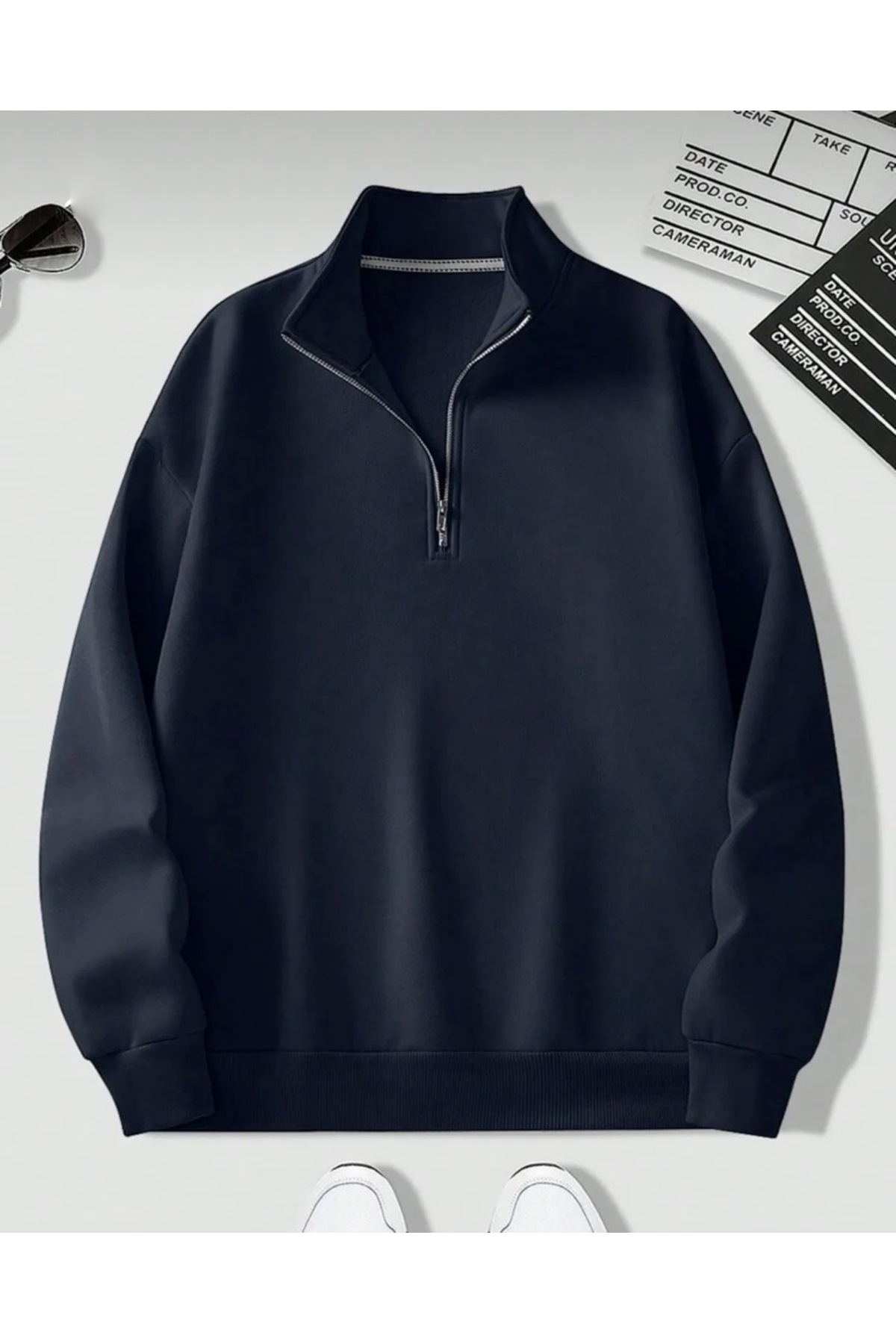 DEZZİİ Lacivert Dik Yaka Düz Oversize Kazak Sweatshirt görsel 2