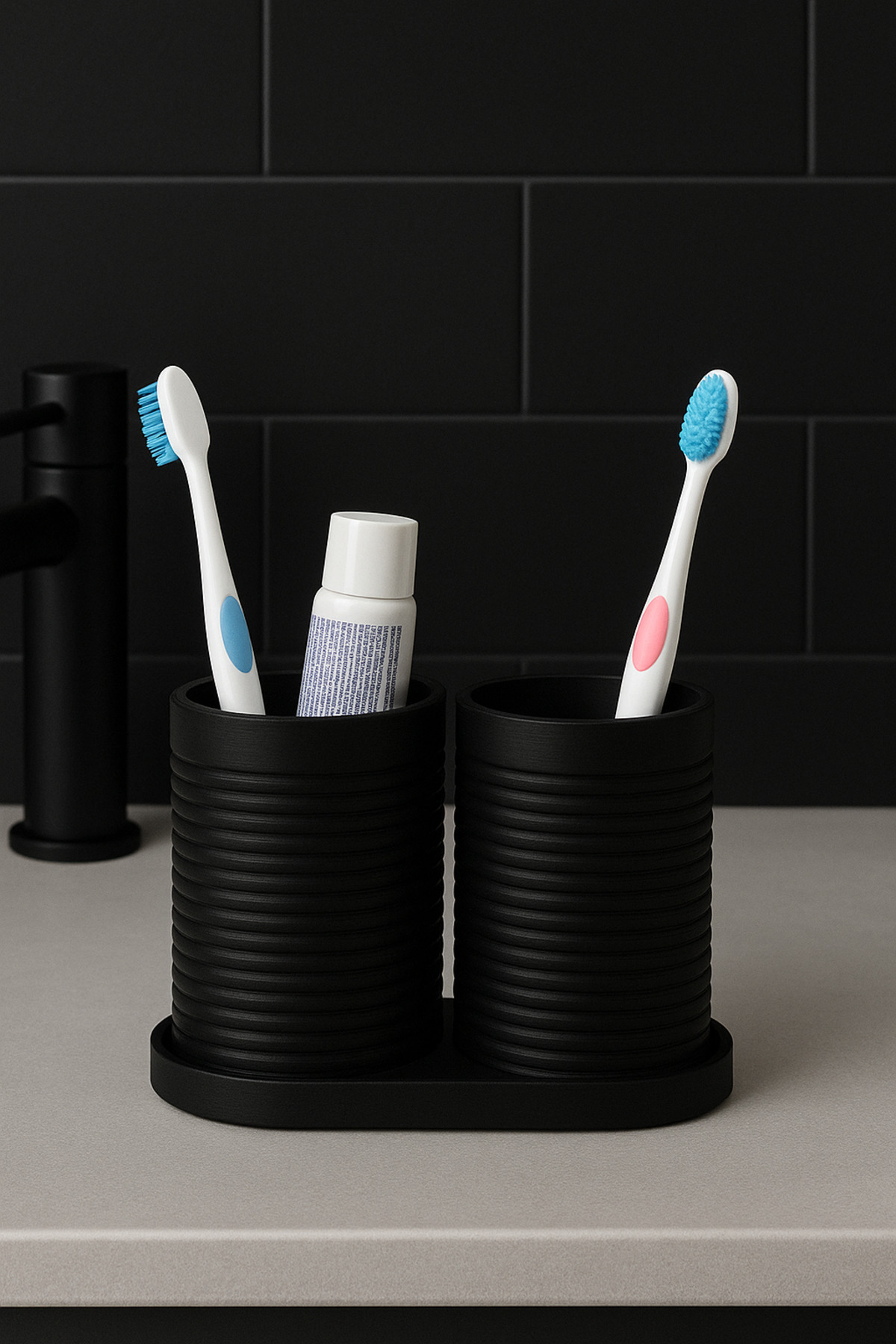 MarselDizayn Modern Banyo Düzenleyici V4 - Diş Fırçalık Seti - İkili Set - Siyah - 10cm