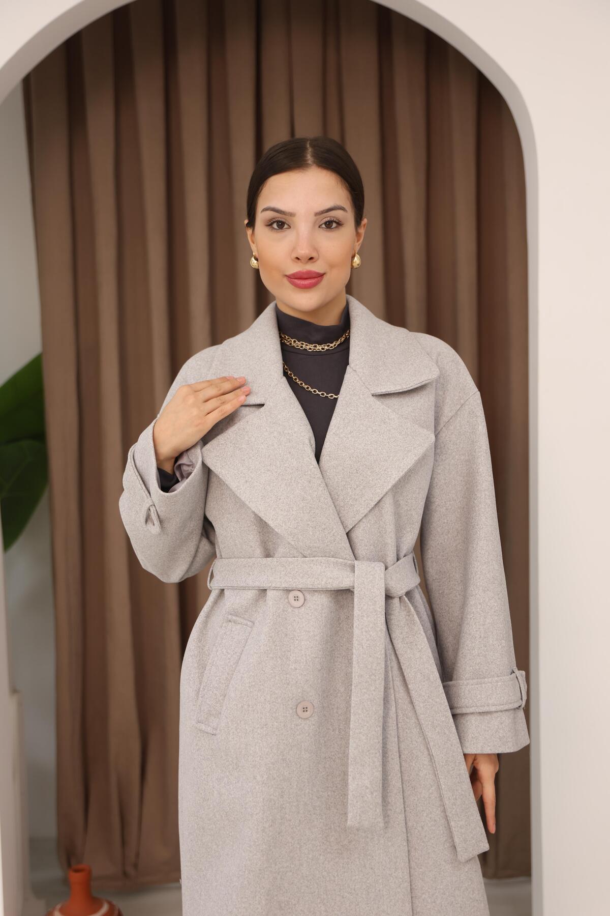 polle  Kadın Gri Kruvaze Oversize Kuşaklı Uzun Kaşe Kaban - Görsel 4