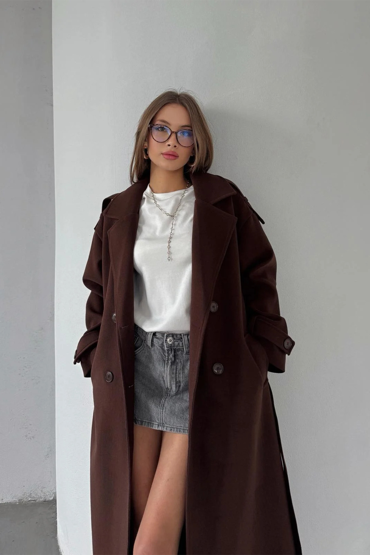 MyBella Acı Kahve Kuşaklı Yeni Sezon Astarlı Premium Kalite Rahat Kalıp Kadın Kaşe Kaban Mont görsel 3