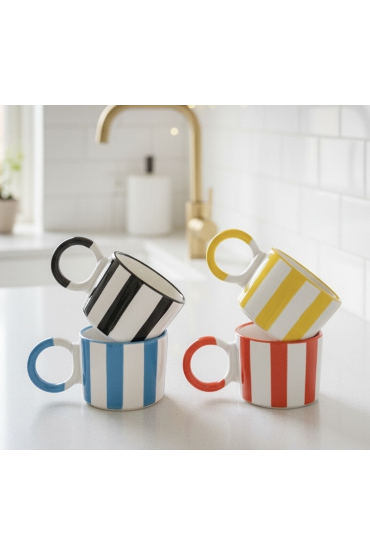 4-Piece Knot Handle STRIP PATTERN Custom Embroidered Handmade Ceramic Mug