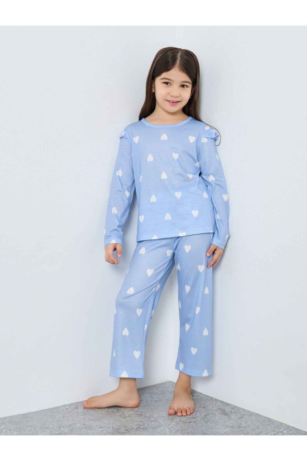 Styli Blue Heart Printed Long Sleeve Top and Pyjama Set