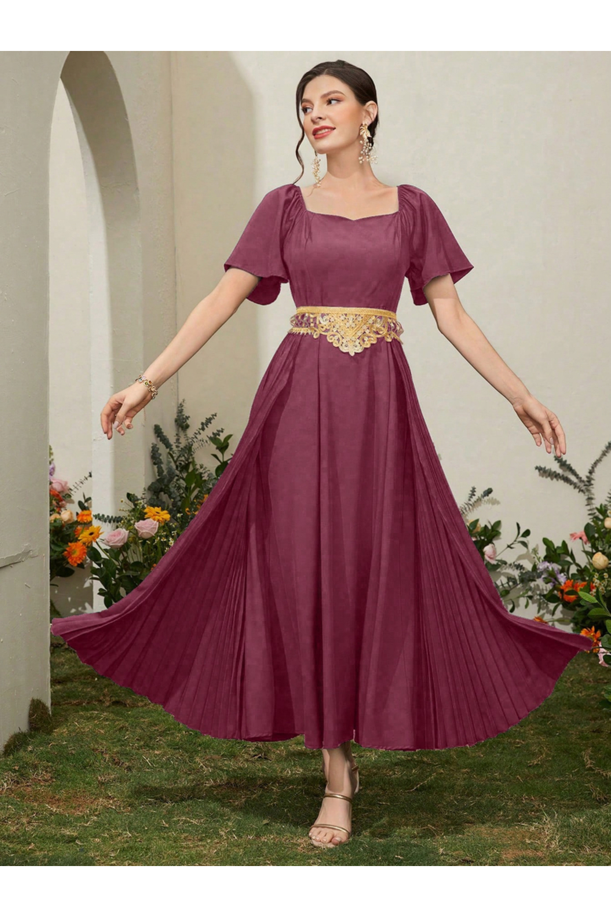 Take Two By Styli Burgundy Sweetheart Neck Maxi Dress