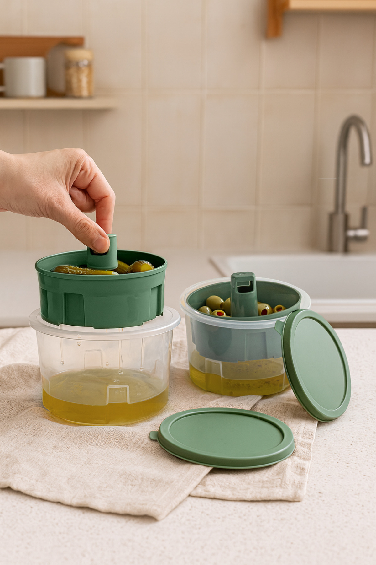 Kitchen Life 2'li Sızdırmaz Kapaklı Süzgeçli Salamura Zeytin Turşu