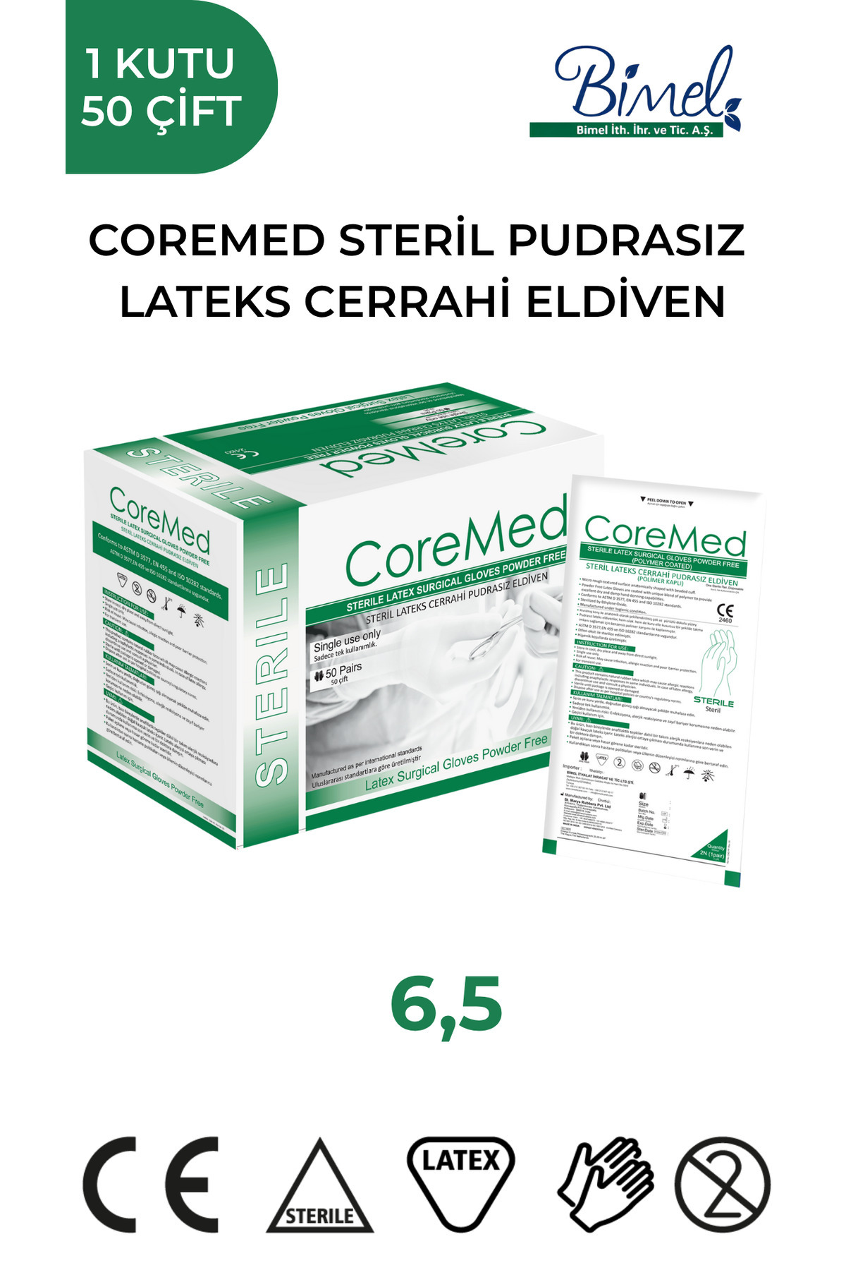 Bimel COREMED STERİL CERRAHİ LATEKS PUDRASIZ ELDİVEN 6,5 BEDEN 50 ÇİFT