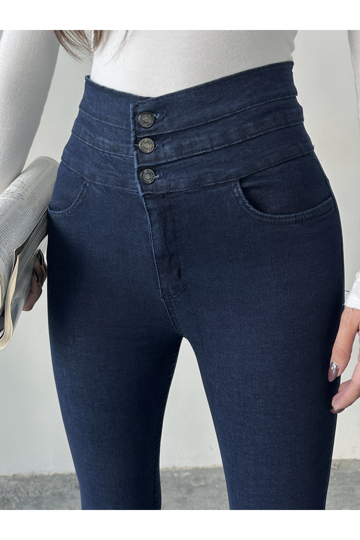 BLUE MARLIN  KADIN LACİVERT 3 KEMERLİ YÜKSEK BEL KOT DAR PAÇA PANTOLON - Görsel 3