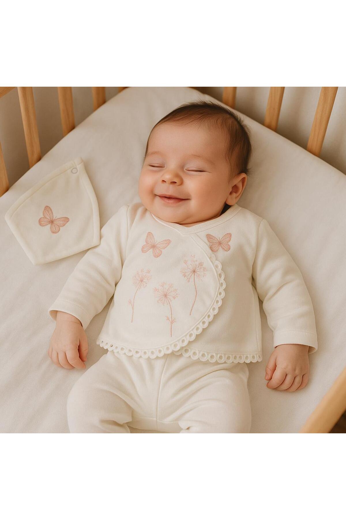 BYS BABY FASHION %100 Pamuklu Kelebek Desenli 5 Parça Yenidoğan Kız Bebek Hastane Çıkış Seti (Kutulu ) fotoğrafı 3 (önizleme)