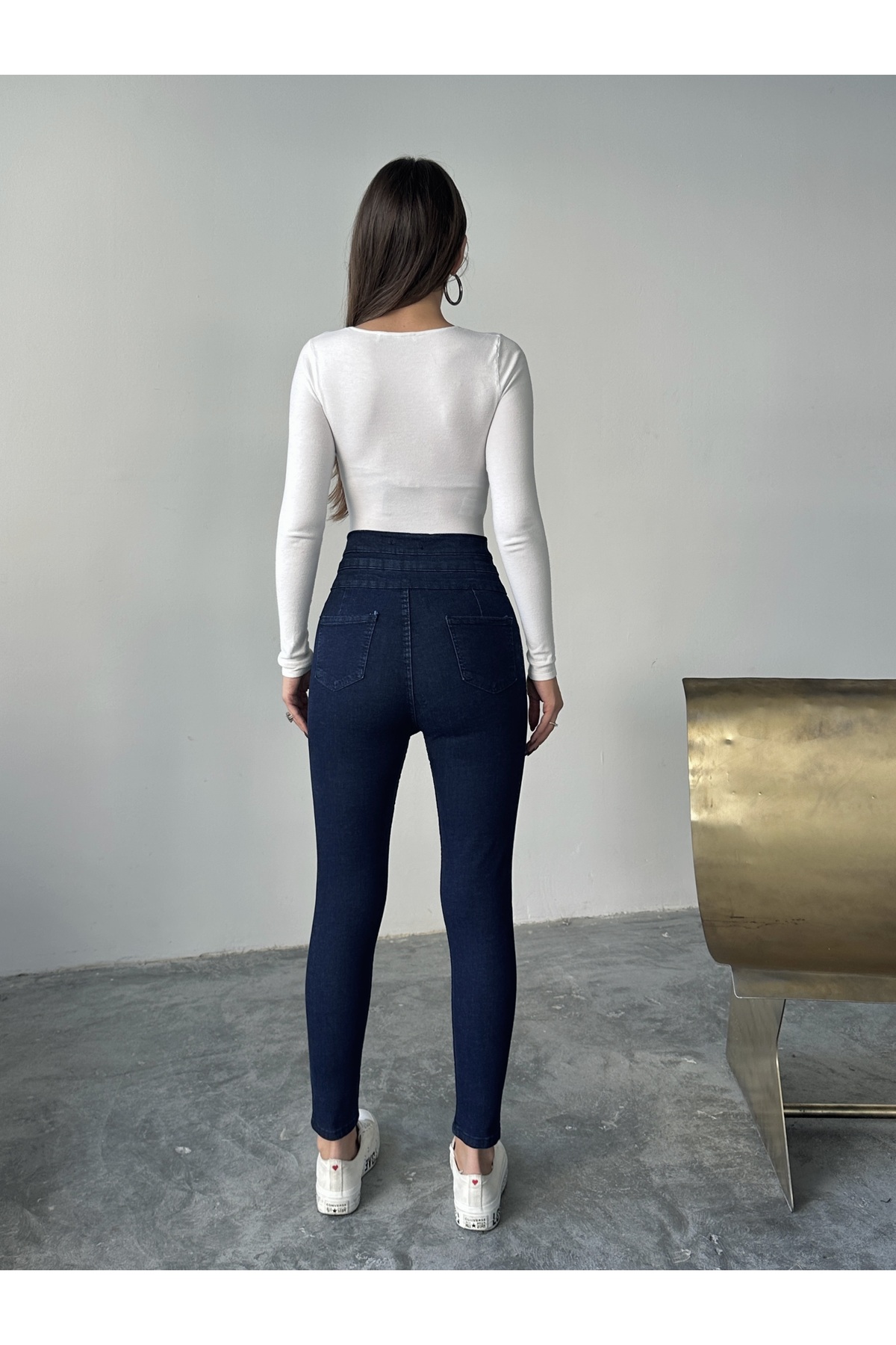 BLUE MARLIN  KADIN LACİVERT 3 KEMERLİ YÜKSEK BEL KOT DAR PAÇA PANTOLON - Görsel 4