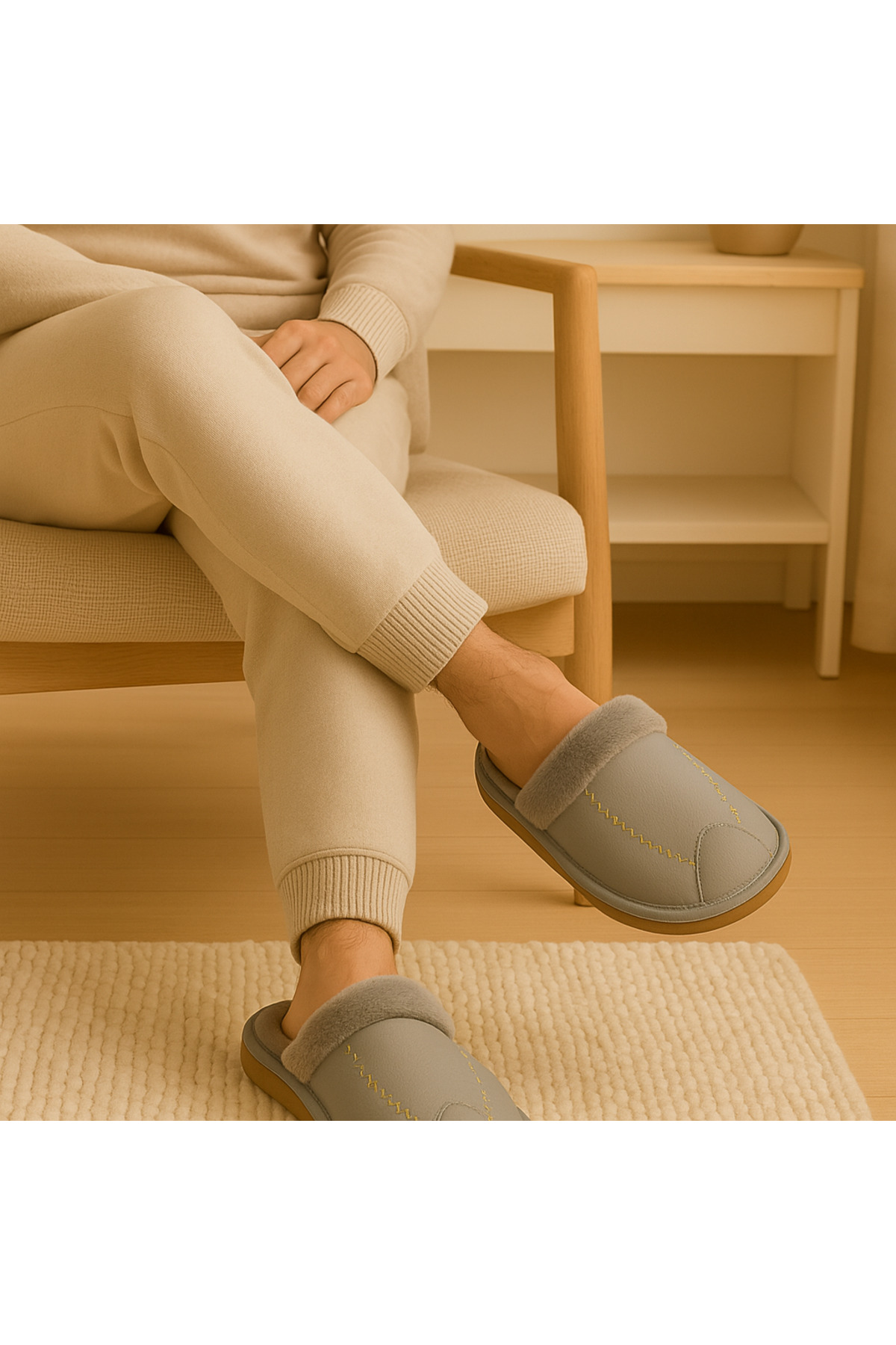 Shoebuo  Erkek Ev Terliği Kürklü Şık Konforlu Ses Yapmayan Taban Ev ve Çeyiz Terliği - Görsel 5