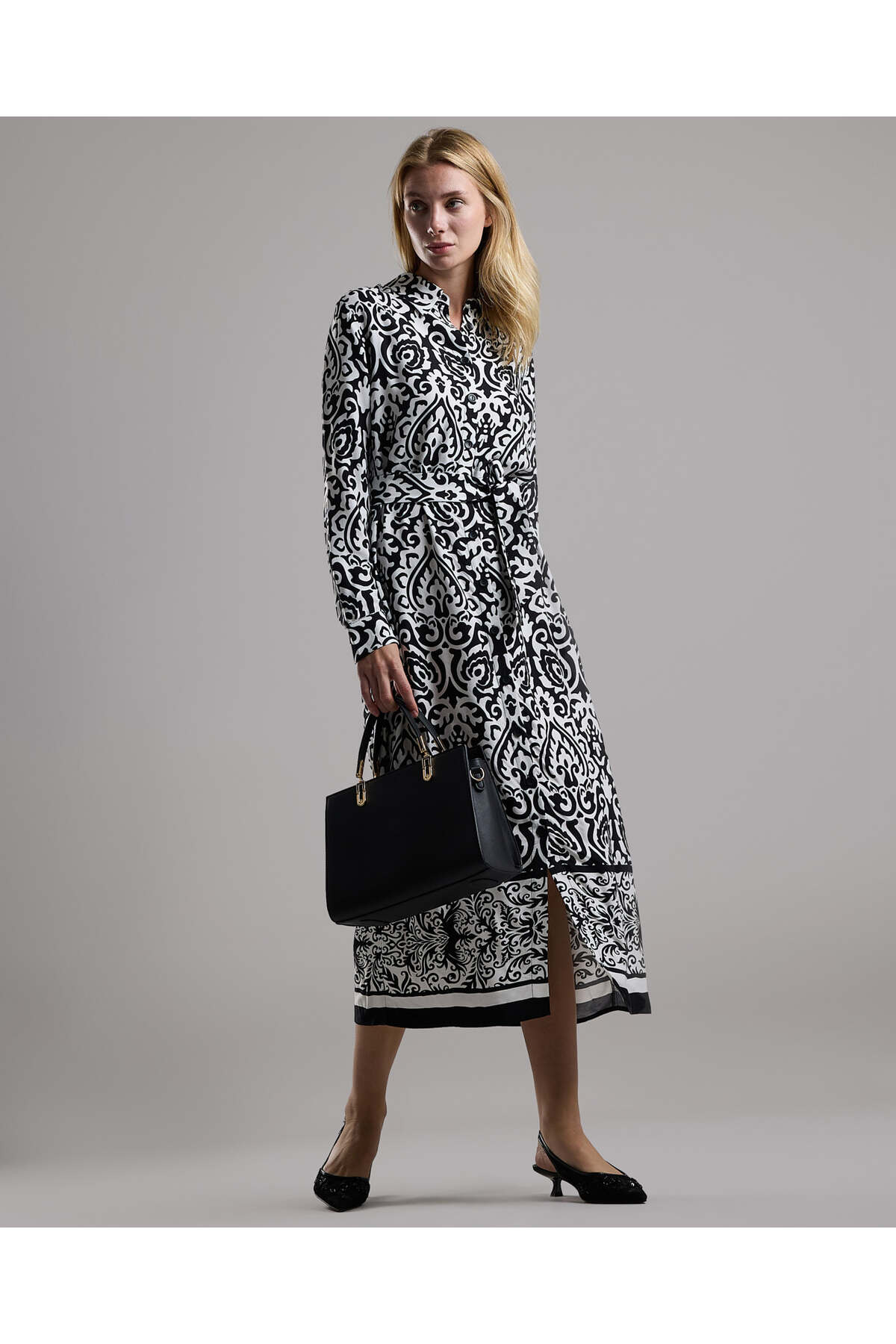 R&B Patterned Shirt Dress with Long Sleeves