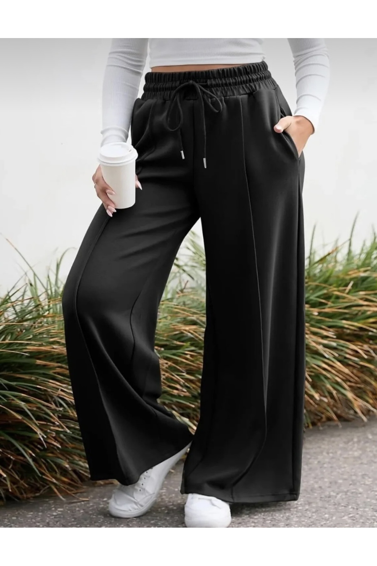 LACKH Черни панталони с удобна шнурчеста талия