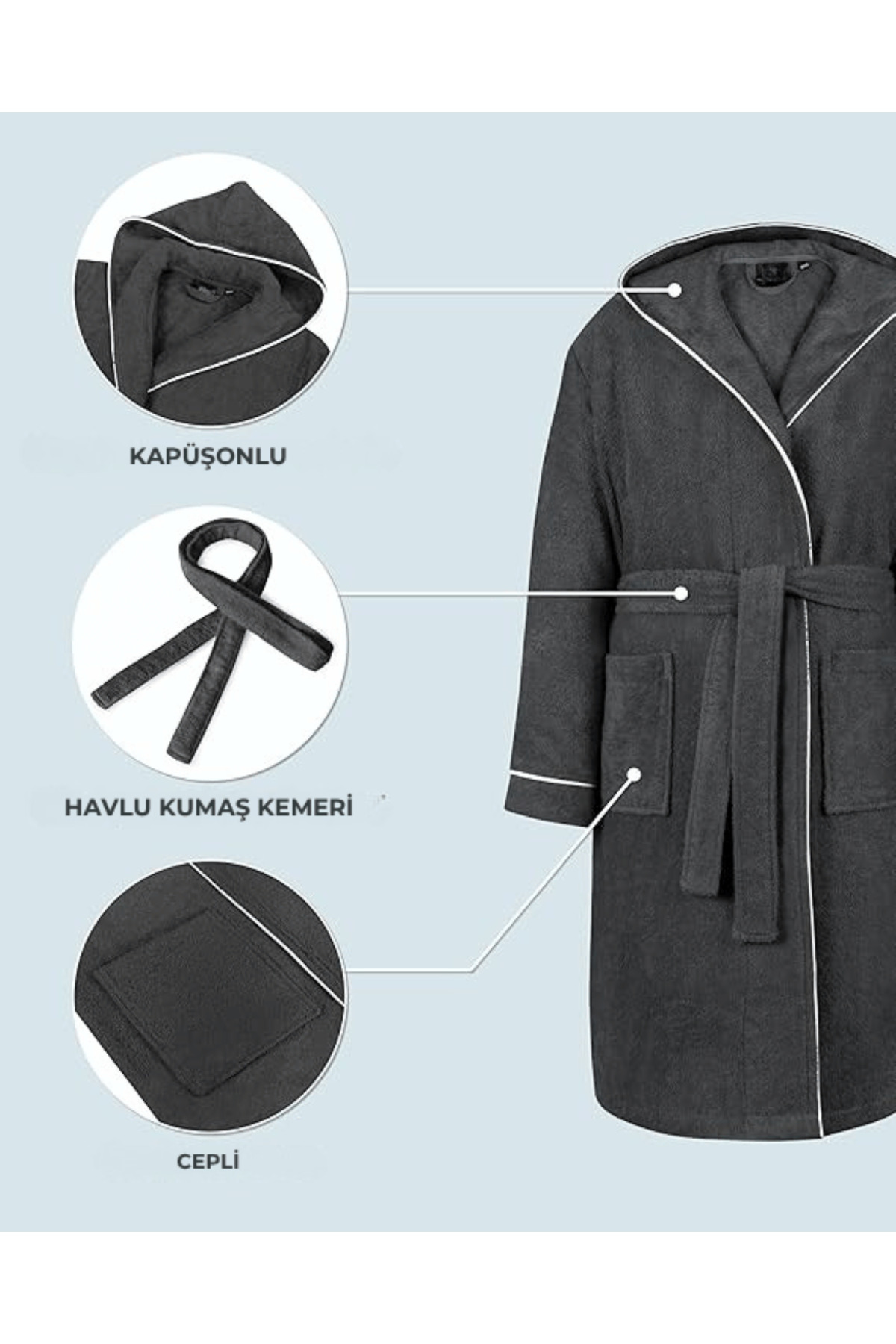 Layvera Kız-Erkek Çocuk Bornozu %100 Pamuk | Kapüşonlu – Cepli – Yumuşak – Biyeli – Antrasit fotoğrafı 6 (önizleme)