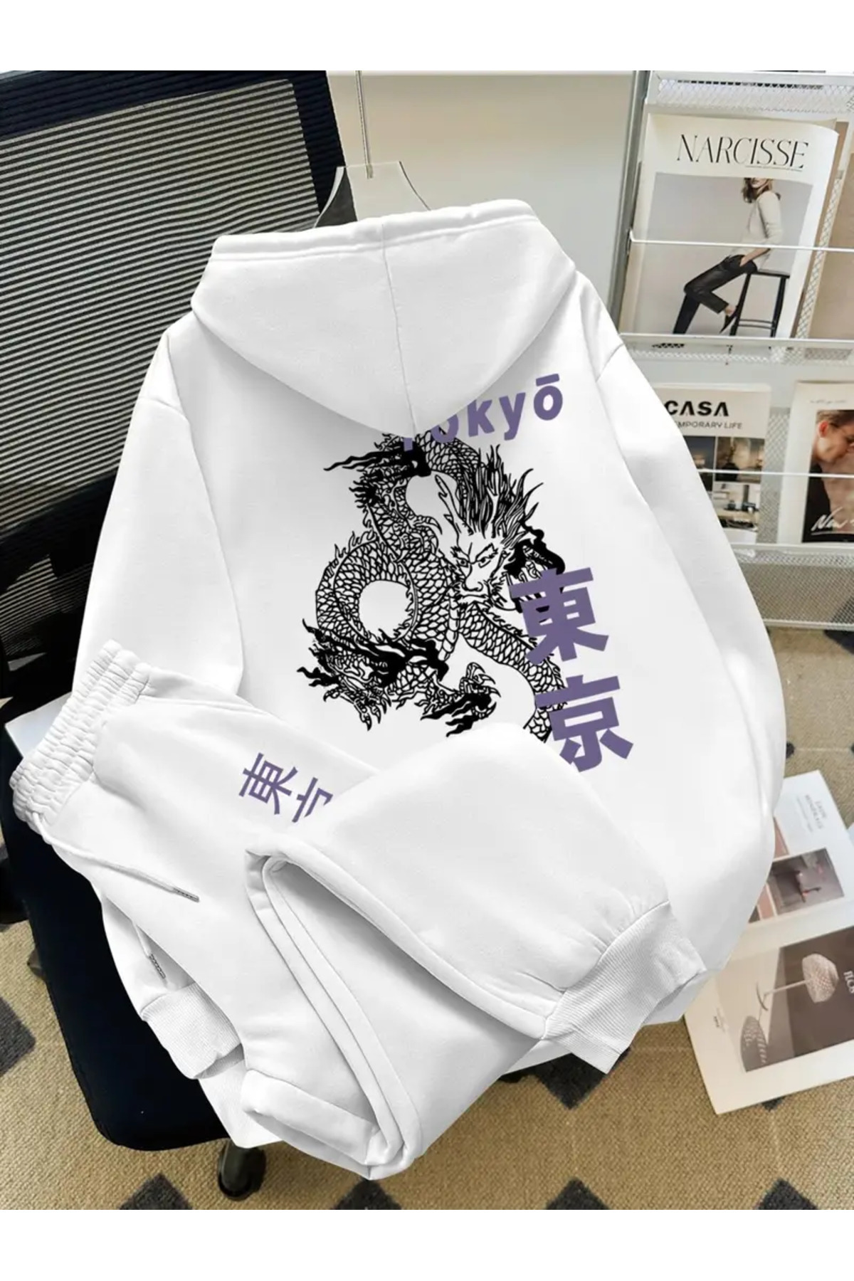 Unisex Erkek Kadın Tokyo Ejderha Baskılı Oversize 3 İplik Kapüşonlu Eşofman Takımı — سفید macklineştye