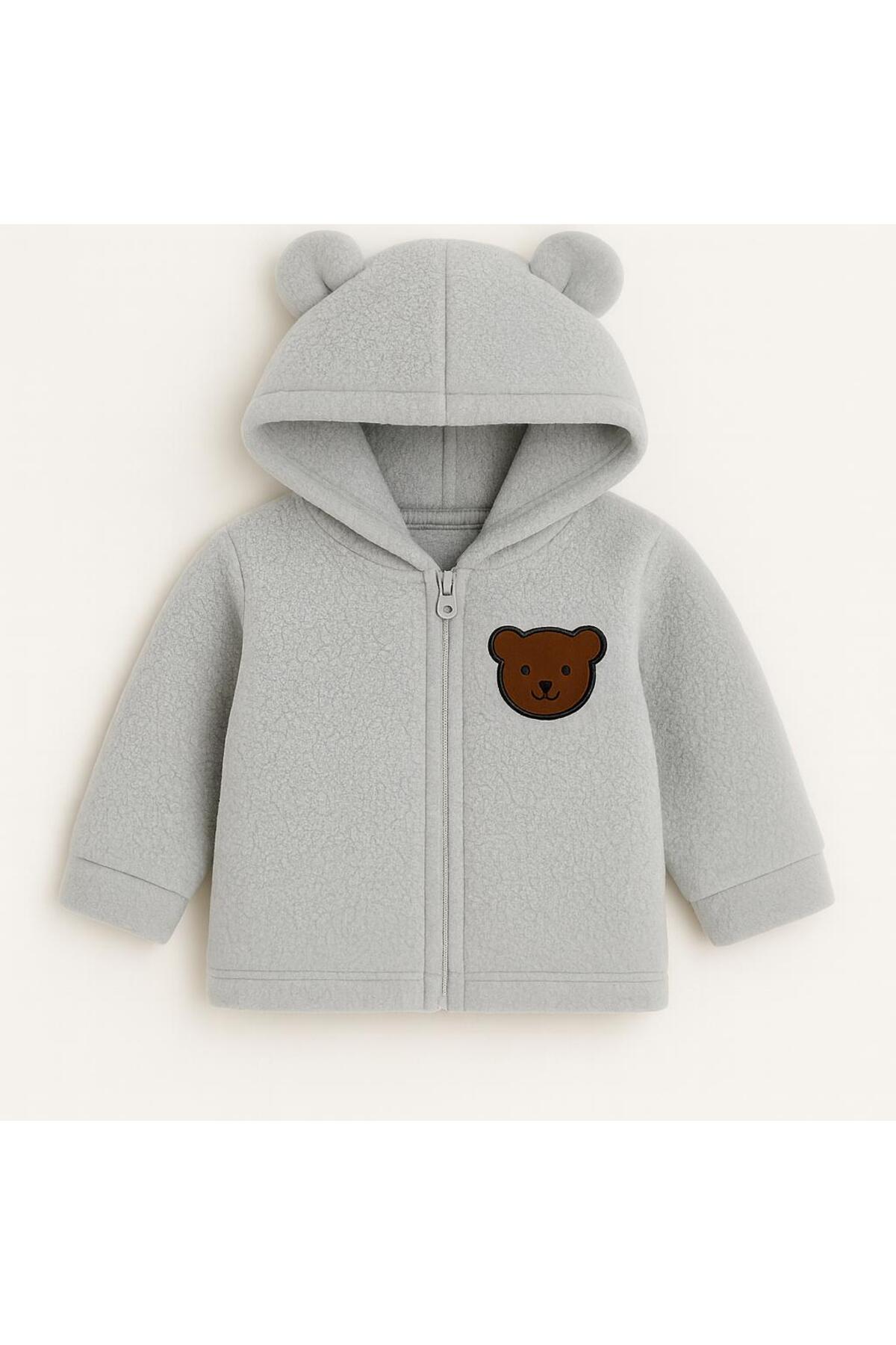 nevrankids Unisex Mont Bebek Welsoft Ayı Kulaklı Fermuarlı - Gri fotoğrafı 2 (önizleme)
