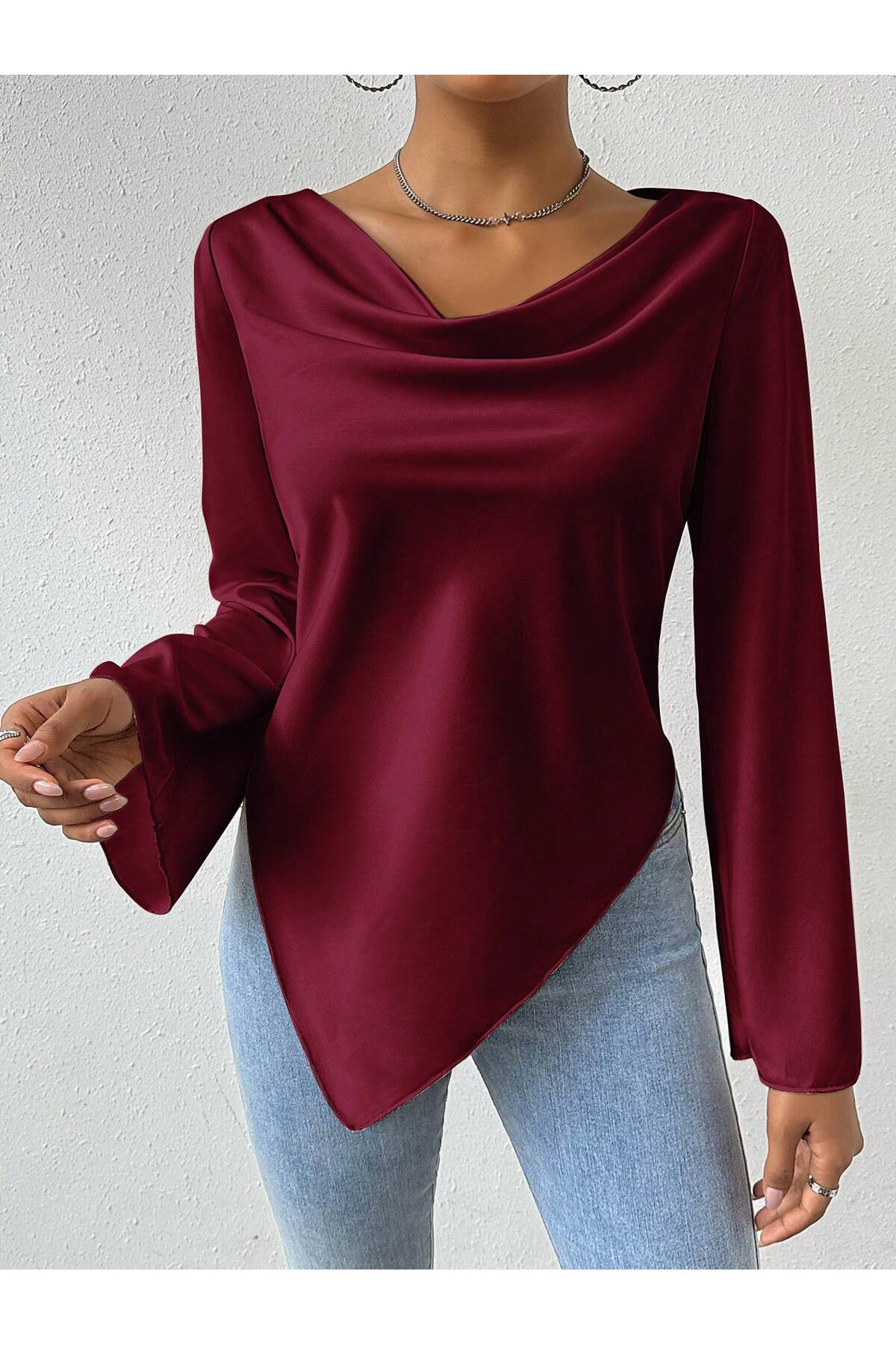 poswicon bordo polyester kumaş drapeli yaka İspanyol kol drapeli yaka üst bluz görsel 4