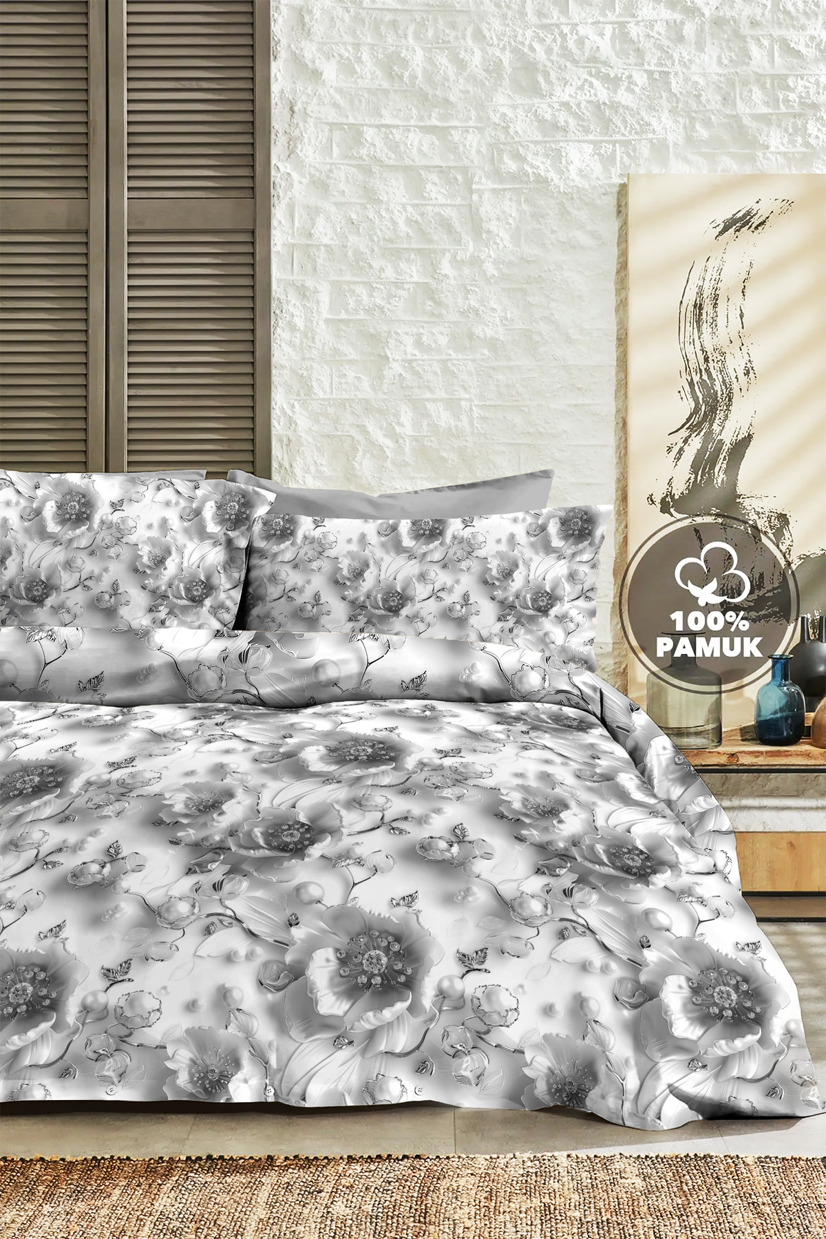 MonoHome %100 Pamuk Ranforce Çeyizlik Luxury 5d Dijital Battal Çift Kişilik Nevresim Takımı Gümüş