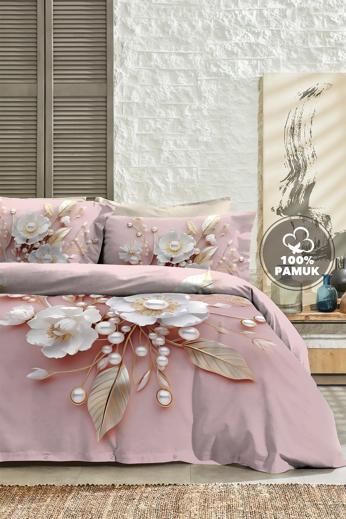 MonoHome %100 Pamuk Ranforce Çeyizlik Luxury 5d Dijital Battal Çift Kişilik Nevresim Takımı Pink Pearls