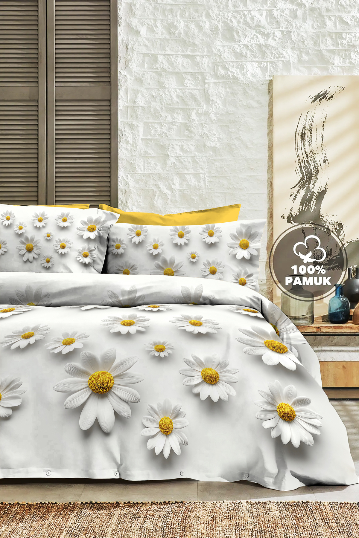 MonoHome %100 Pamuk Ranforce Çeyizlik Luxury 5d Dijital Battal Çift Kişilik Nevresim Takımı Papatya