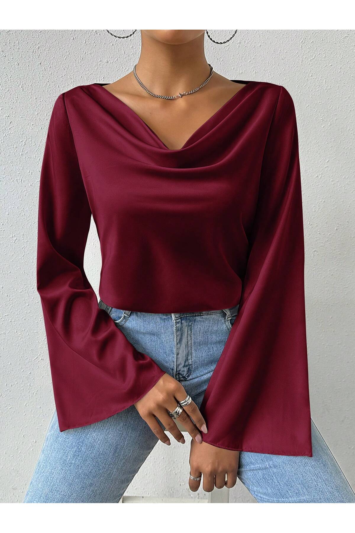 poswicon bordo polyester kumaş drapeli yaka İspanyol kol drapeli yaka üst bluz görsel 2
