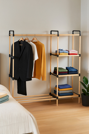 Nwood NATUREHOME NE 05 MODÜLER %100 MASİF AHŞAP RAFLI AÇIK ELBİSE ASKISI