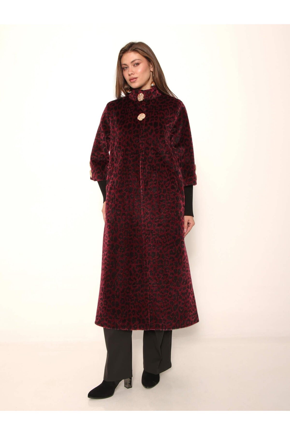 Patterned Button Detailed Leopard Coat 7958-1 Dark Brown