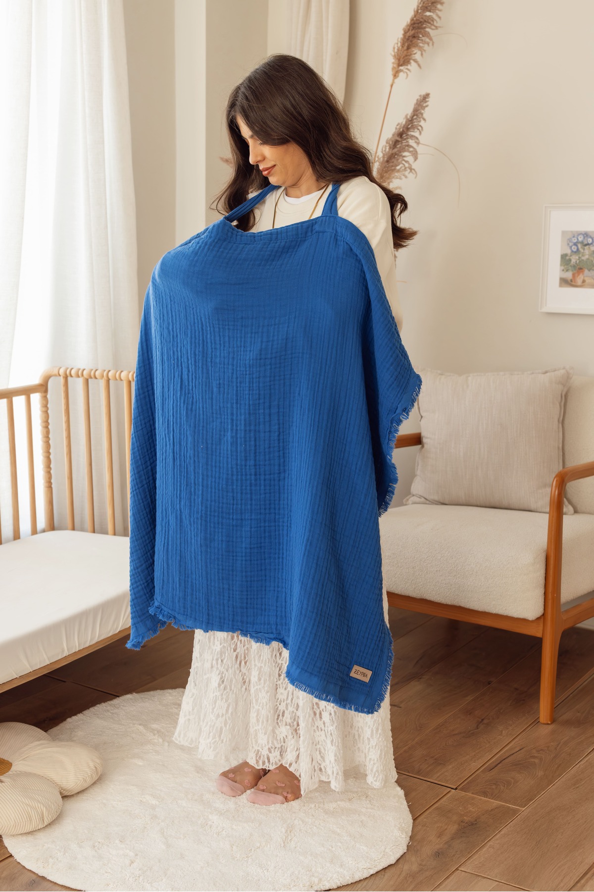 ZEYPBA %100 Pamuk İndigo 4 Katlı Müslin 4 Katlı Müslin Emzirme Örtüsü & Puset Örtüsü Püsküllü fotoğrafı 6 (önizleme)