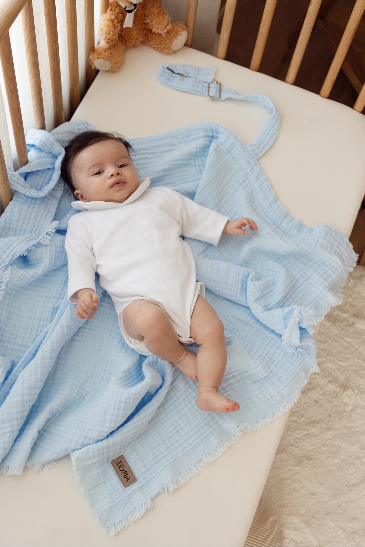 ZEYPBA %100 Pamuk 4 Katlı Müslin Emzirme Örtüsü & Puset Örtüsü Püsküllü 90x110cm Bebe Mavi fotoğrafı 6 (önizleme)