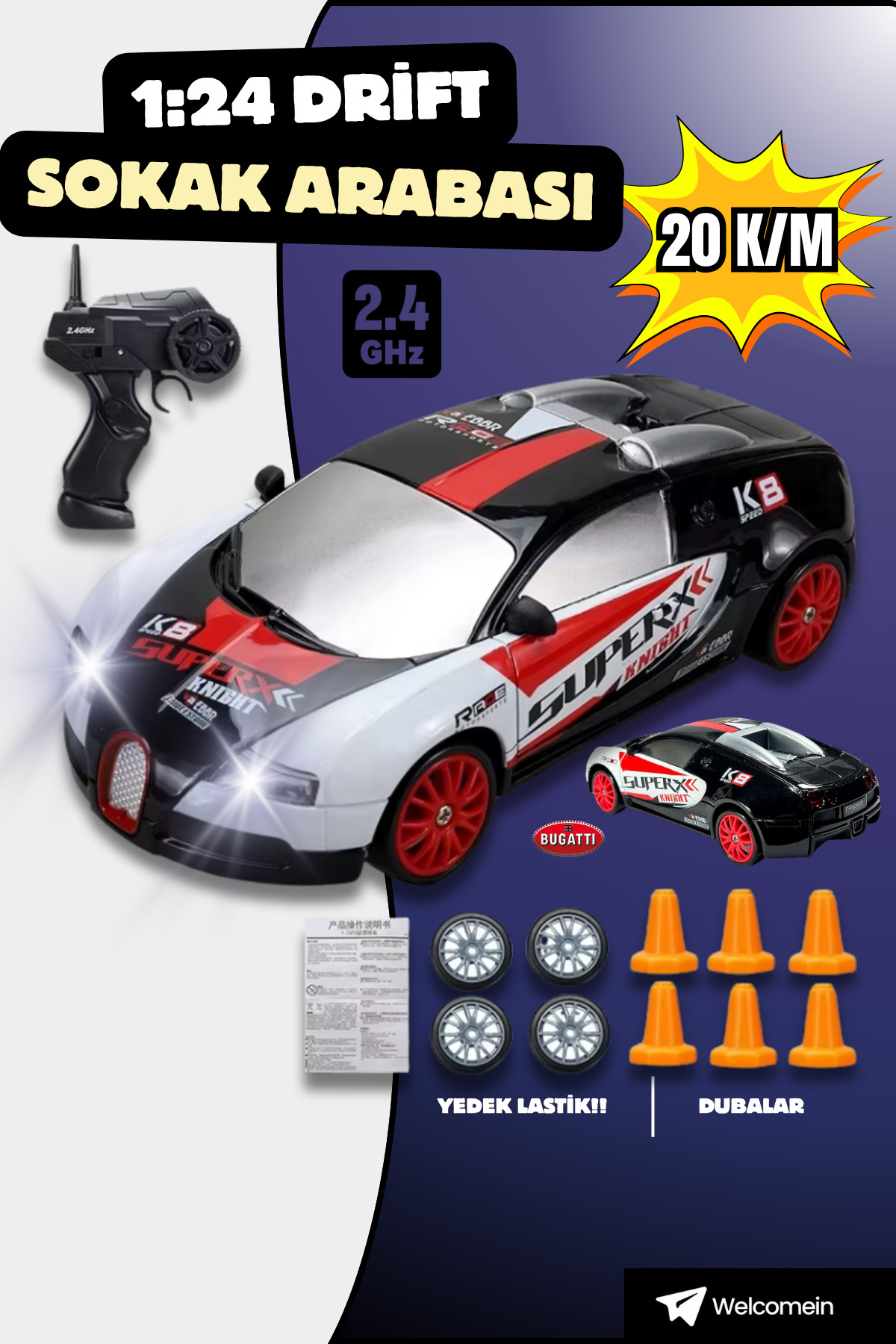 welcomein 1:24 Ölçek 20Km/h 2.4Ghz Şarjlı 4x4 Drift Araba Uzaktan