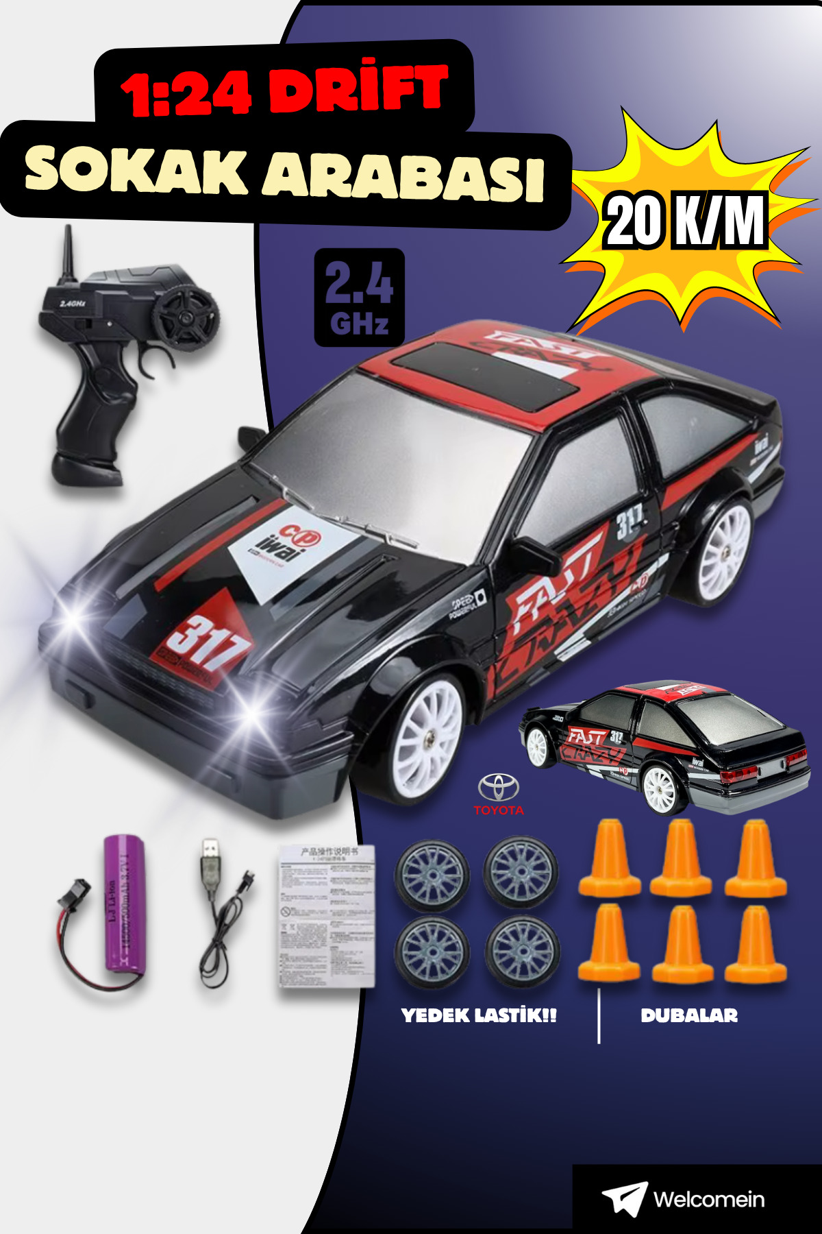 welcomein 1:24 Ölçek 20Km/h 2.4Ghz Şarjlı 4x4 Drift Araba Uzaktan