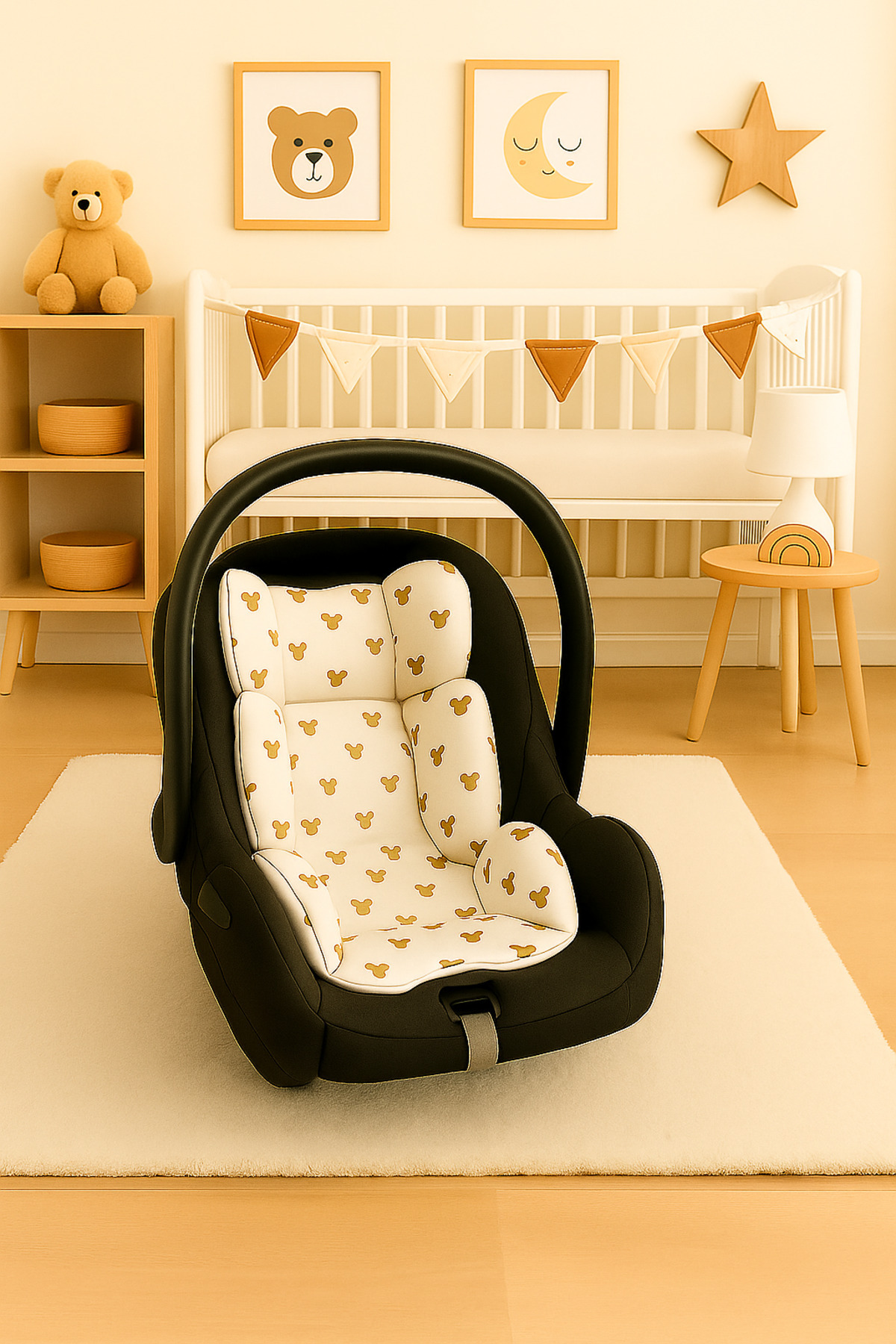 BeygeBaby Çift Katlı Ekru Pike ve Mickey Desenli Çift Yönlü Puset Örtüsü,Minderi ve Çarşafı (3LÜ SET) fotoğrafı 4 (önizleme)