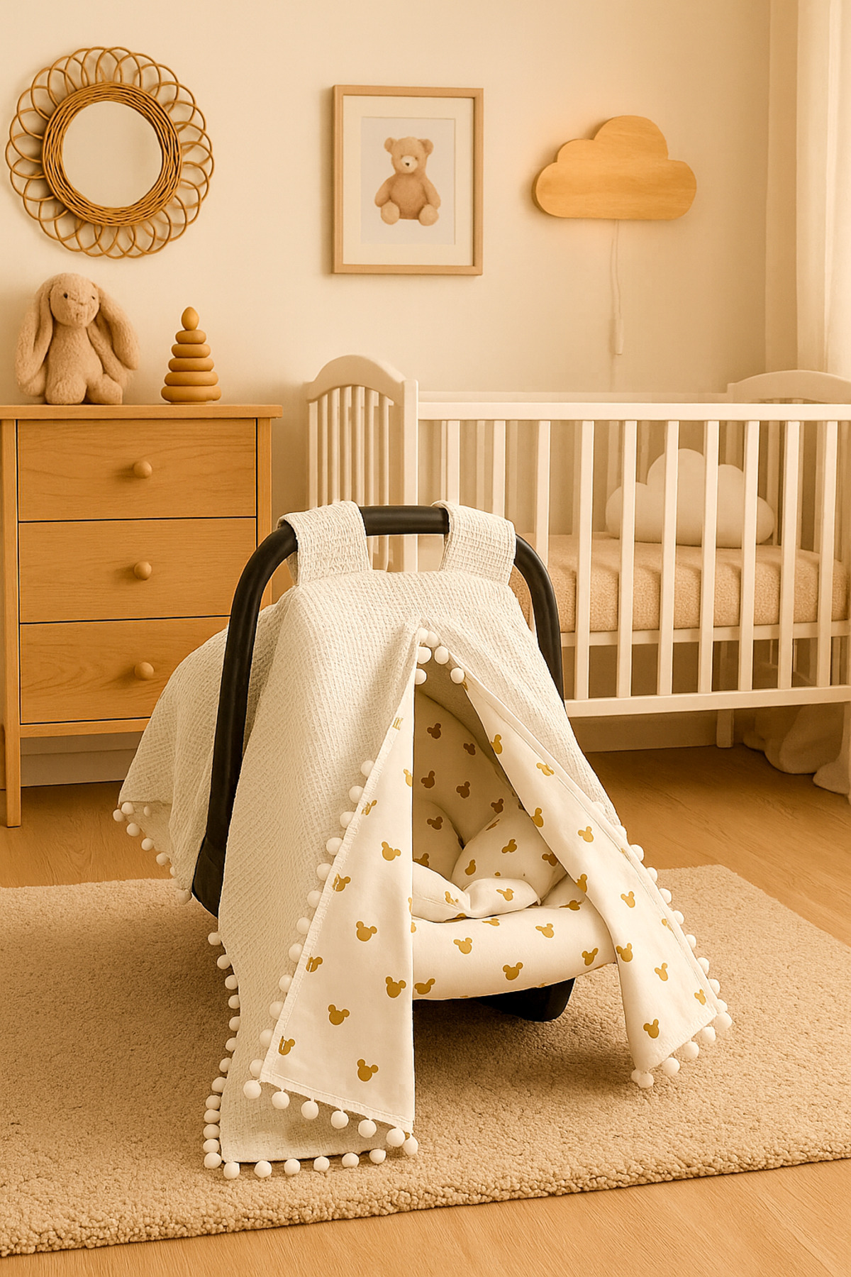 BeygeBaby Çift Katlı Ekru Pike ve Mickey Desenli Çift Yönlü Puset Örtüsü,Minderi ve Çarşafı (3LÜ SET)