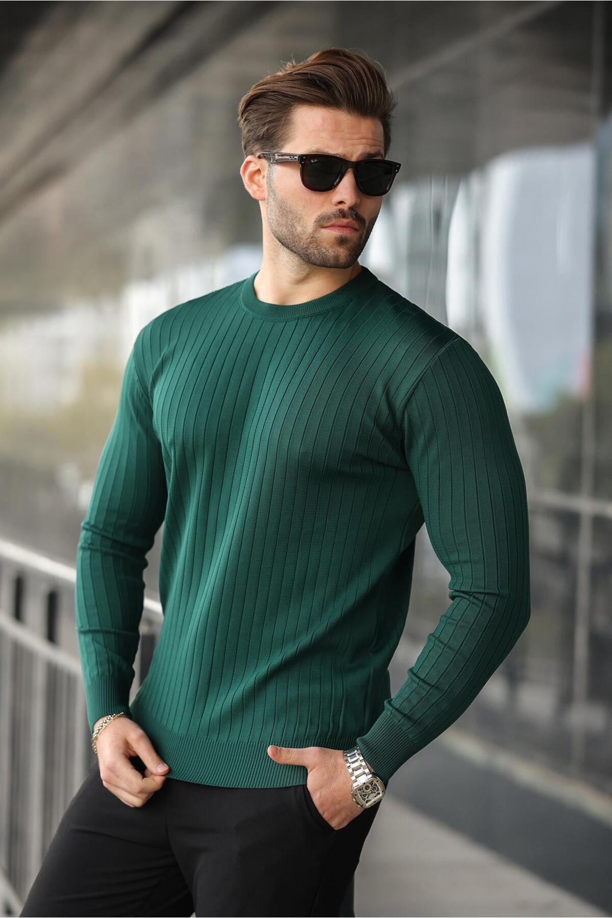 ژاکت آستین بلند راه راه یقه گرد سبز زیتونی E7273 — سبز — تصویر 2 از 2