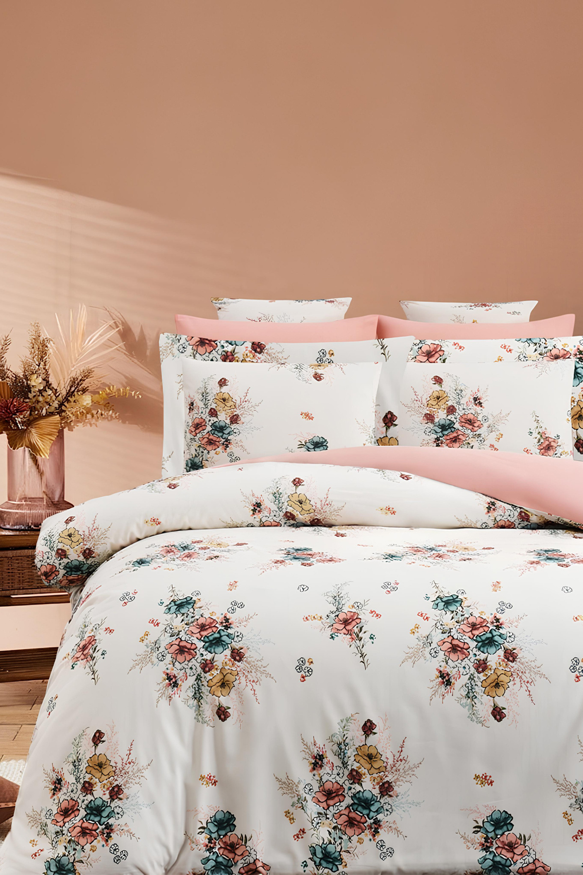 İQON Lastikli Çarşaflı Nevresim Takımı Çift Kişilik Bouquet Somon