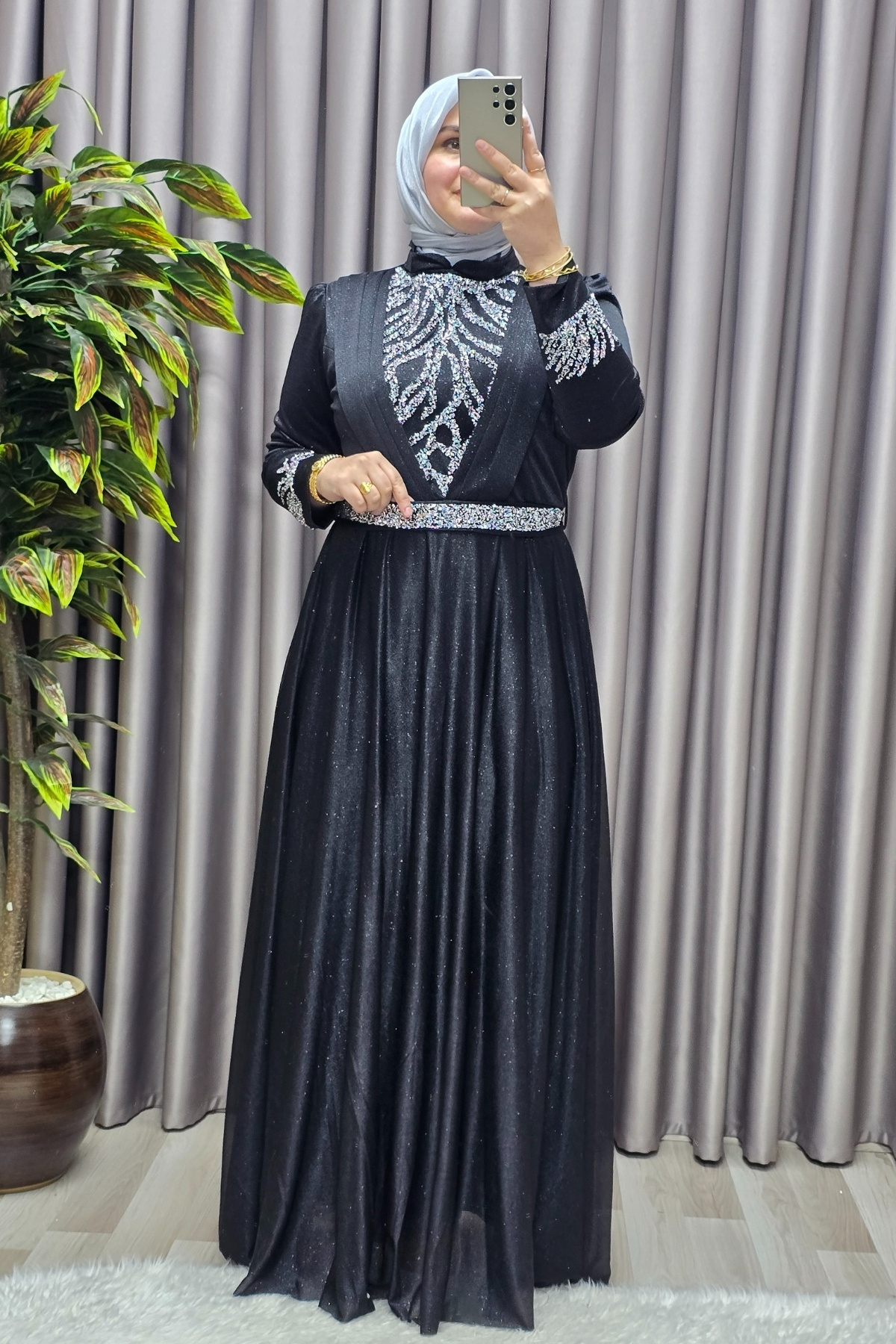 Elmas Tesettür Kadın Tesettür Giyim Büyük Beden V Taşlı Abiye