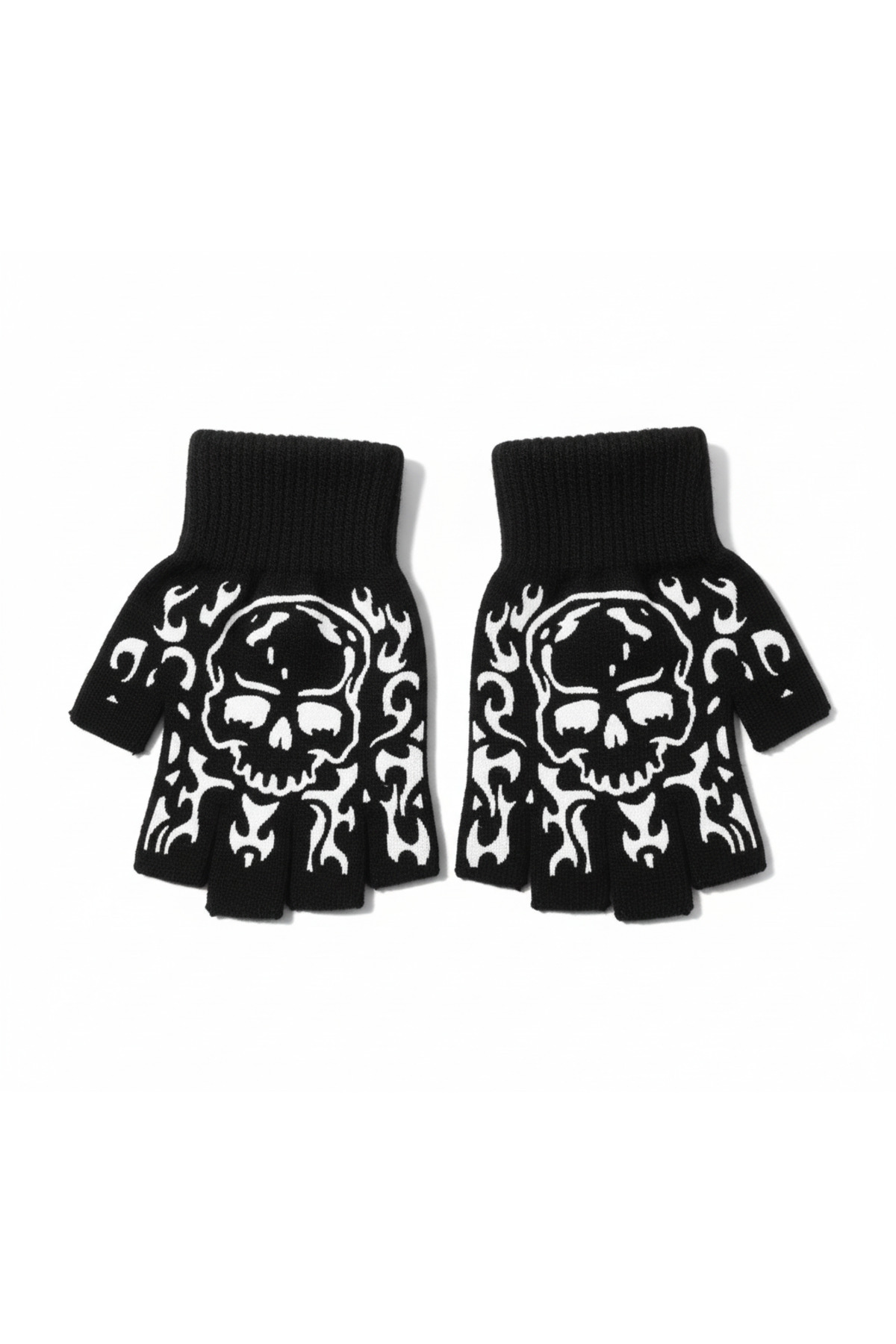 SOFT Gotik Ruhlu Siyah Eldiven – Parmaksız, Alevli Kafatası Tasarımıyla Fark Yarat