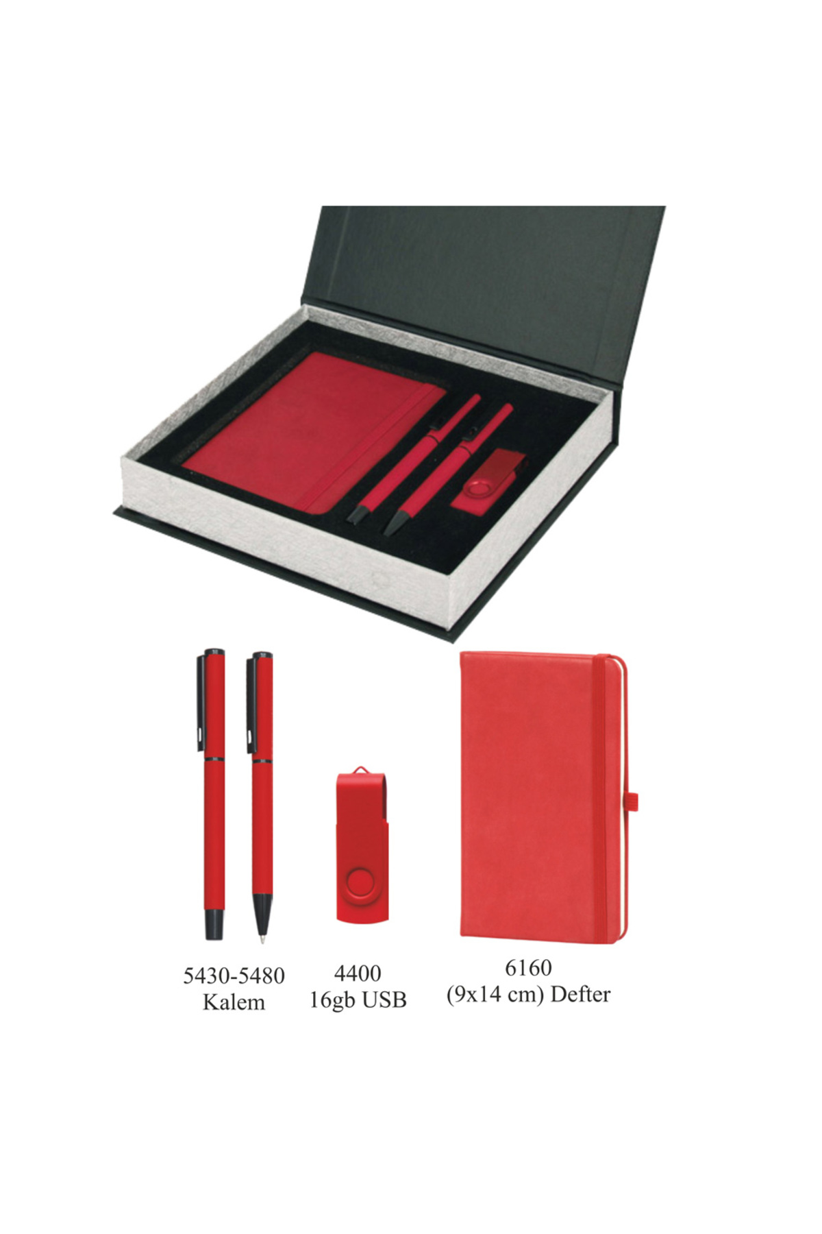 VIP Hediyelik Set - Defter, Kalem ve USB Bellek - (3’lü Kurumsal Hediye Seti) - 4210 Kırmızı