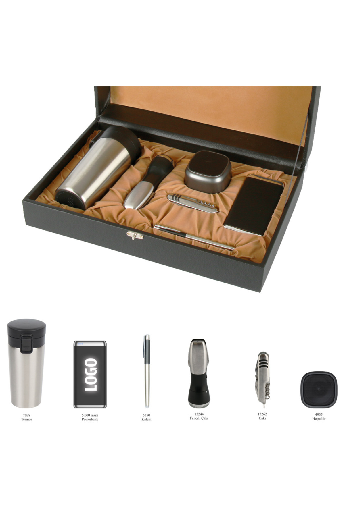 VIP Hediyelik Set - Powerbank, Kalem, Fenerli Çakı, Termos, Çakı ve Hoparlör - (6’lı Kurum Seti)