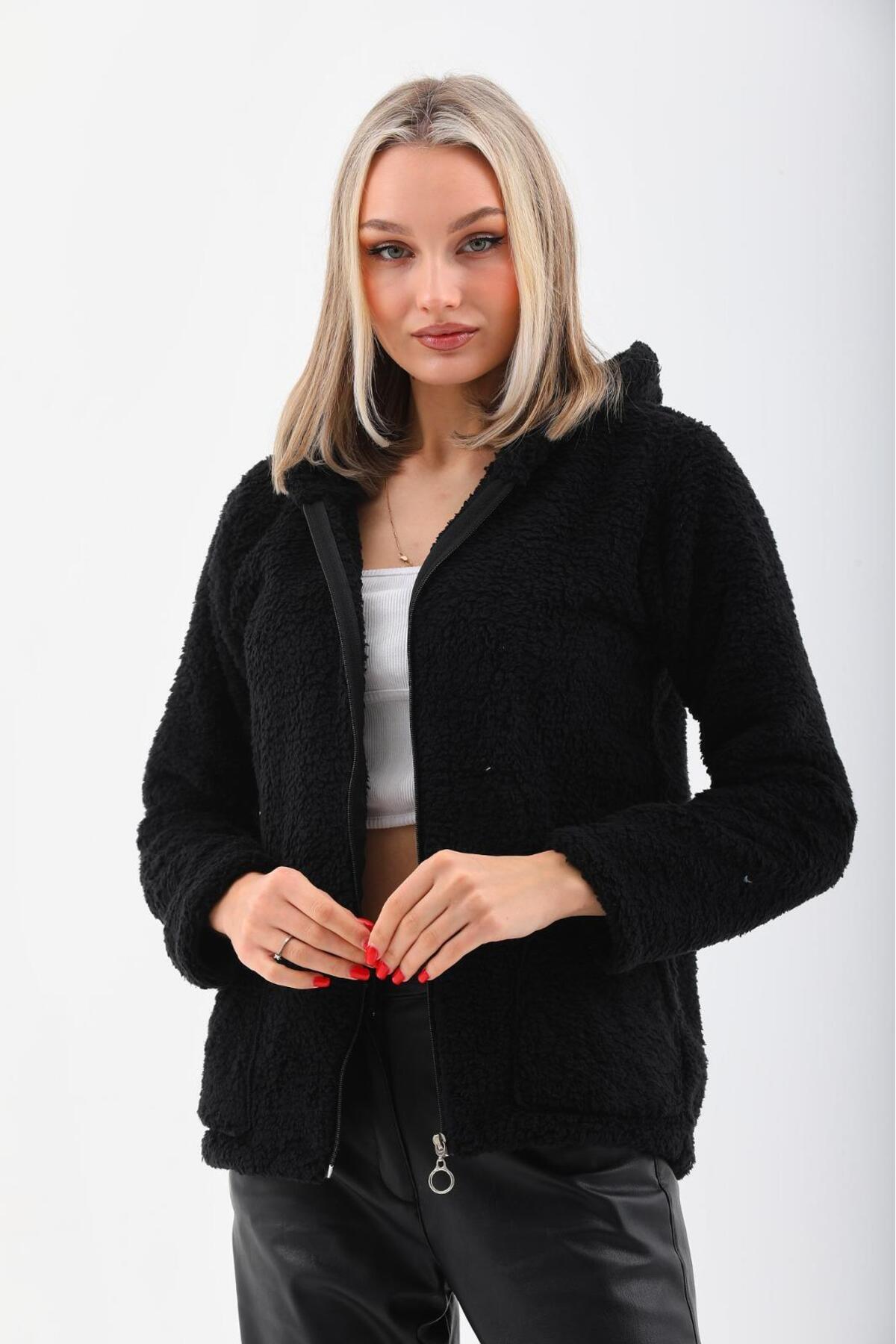 GIYOLA KADIN KAPÜŞONLU FERMUARLI WELSOFT YUMUŞAK KUMAŞ SİYAH POLAR