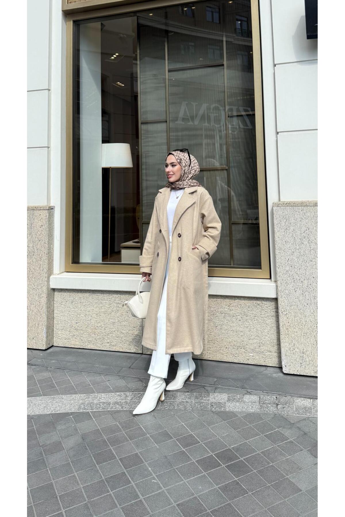 BRN IŞIK TESETTÜR  Kadın Düğmeli Kaşe Kaban - Görsel 4