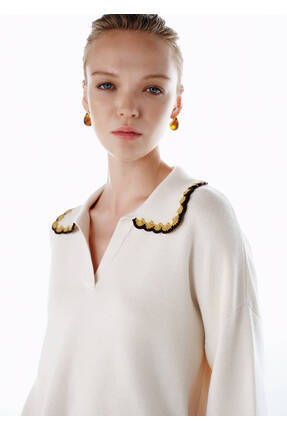 Knitss Kontrast Renkli V Yaka Krem Triko