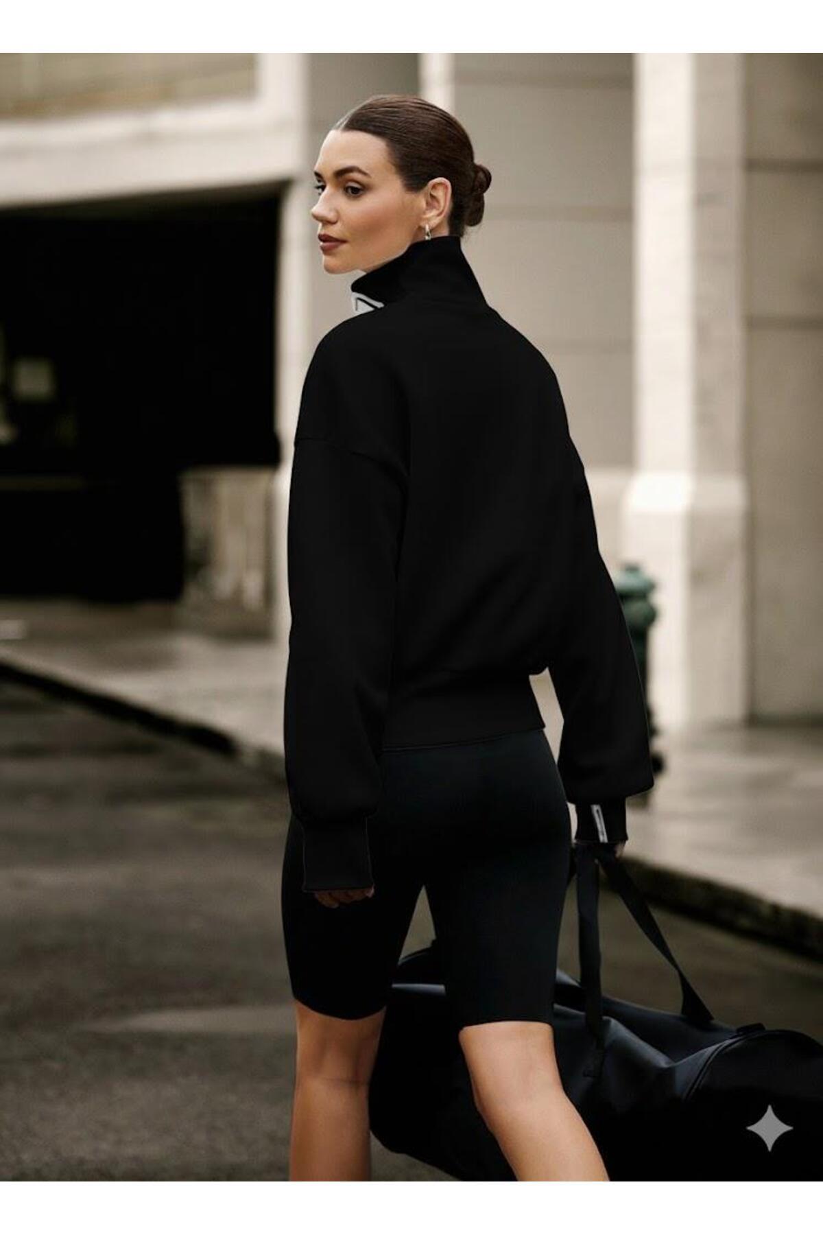 Afri  Siyah Kadın Yüksek Yaka Komple Fermuarlı Sweatshirt – Spor ve Günlük Şık Oversize Model - Görsel 5