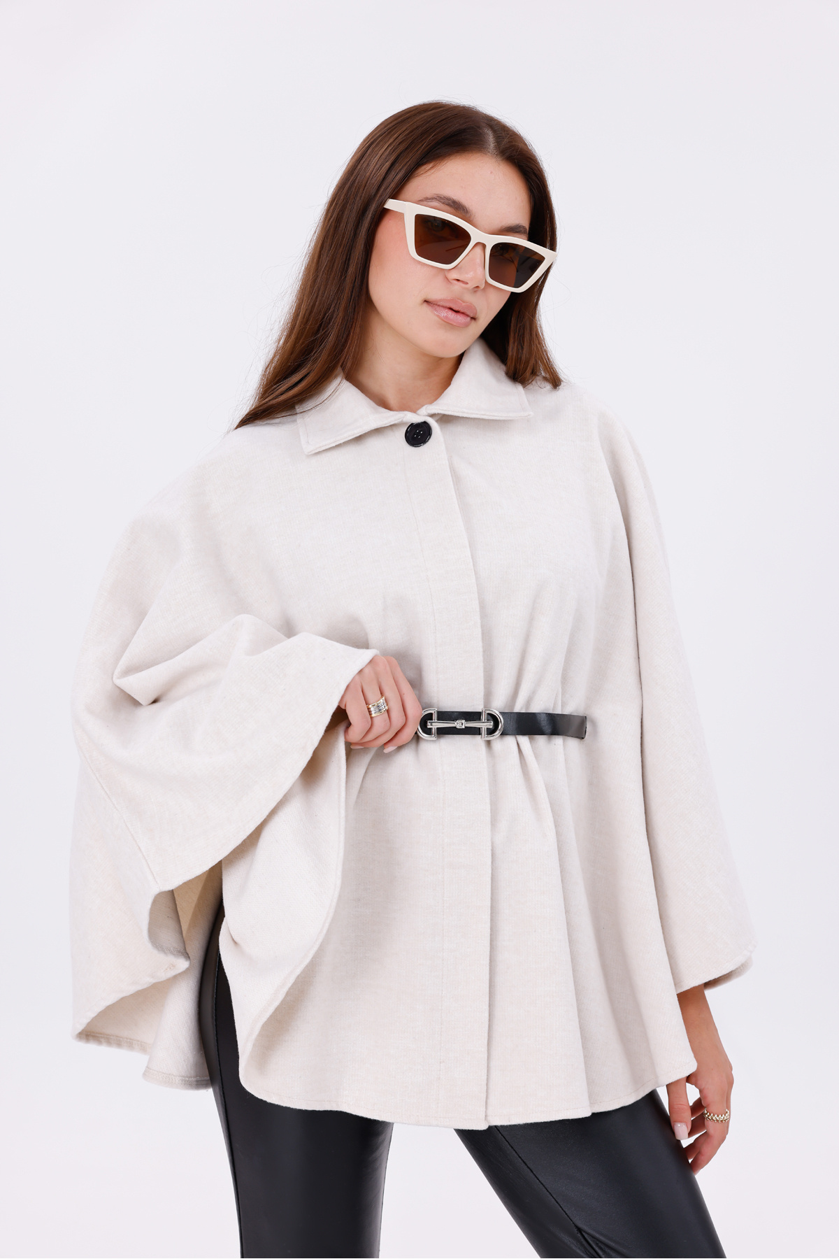 Women's Stone Solid Plush Poncho with Buckle Waist Detail Warm Winter Outerwear